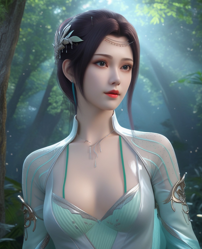 <lora:575-DA-XL-斗破苍穹-云韵-绿服:0.8>(,1girl, ,best quality, ),looking at viewer,  ,ultra detailed background,ultra detailed background,ultra realistic 8k cg,(masterpiece:1.2),(best quality:1.2),(ultra detailed:1.2),(official art:1.3),(beauty and aesthetics:0.8),detailed,(intricate:0.8),(highly detailed),(solo),delicate countenance,1girl,fancy,(glassy texture:1.2),(crush:1.2),8k,accessory,tattoo,(transparent:1.1),gown,energy encirclement,instant,in the twinkling of an eye,upper body,woman in a mythical forest, masterpiece, perfect face, intricate details, horror theme, raw photo, photo unp(cleavage),,