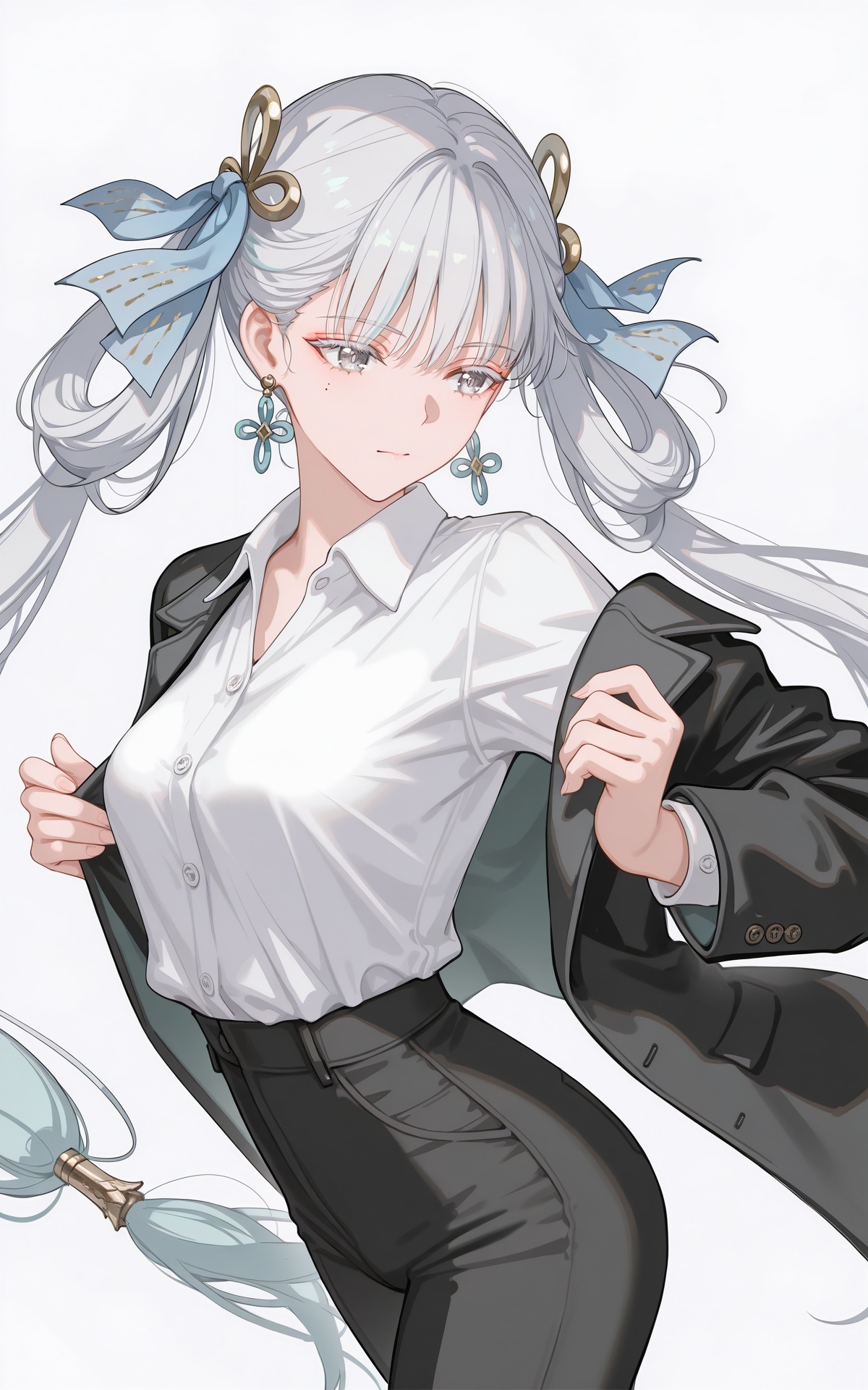 8k,best quality,masterpiece,(ultra-detailed),(high detailed skin),((artist:reoen),(artist:fuzichoco),(artist:atdan),(artist:torino_aqua),year 2024:0.8),[artist:wlop],[artist:ningen_mame],artist:ciloranko,[[artist:rhasta]],artist:tidsean,colorful,<lora:xl-ill-jinhsi(wuthering waves)v1-000010:0.8>,jinhsi\(wuthering waves\),1girl,solo,grey eyes,earrings,grey hair,twintails,mole,multicolored hair,hair ribbon,ribbon,jewelry,shirt,pants,jacket,white shirt,black pants,black jacket,collared shirt,open clothes,long sleeves,cowboy shot,closed mouth,bangs,looking down,shirt tucked in,open jacket,high-waist pants,standing,formal,suit,breasts,dress shirt,buttons,<lora:illustrious_Simple Flat Coloring_v2-000028:0.75>,Simple Flat Coloring,sketch,line,simple background,white background,
