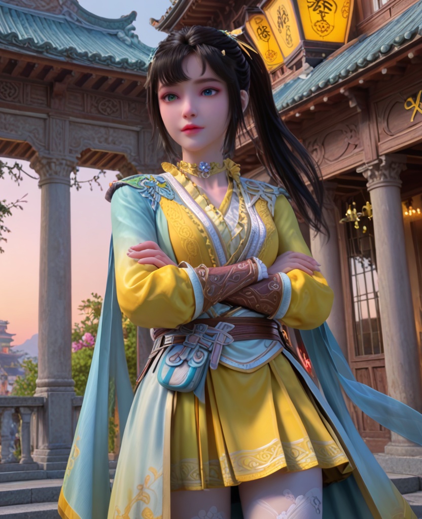 (oriental architecture, elegant decor, sophisticated style:1.1),(v arms:1.1),(breasts:1.2),<lora:XL少年歌行司空千落:0.95>,miss sikongqianluo,azure tunic outerwea with yellower top underneath,gradient colored overskirt with yellow pleated skirt underneath,white print thighhighs,black hair,hair ornament,heterochromia,choker,bangs,cape,belt,lips,leather wristband,, score_9,score_8_up,score_7_up,score_6_up,score_5_up,score_4_up,3d rendering,tag1,tag2, Cinematic Lighting,backlighting,