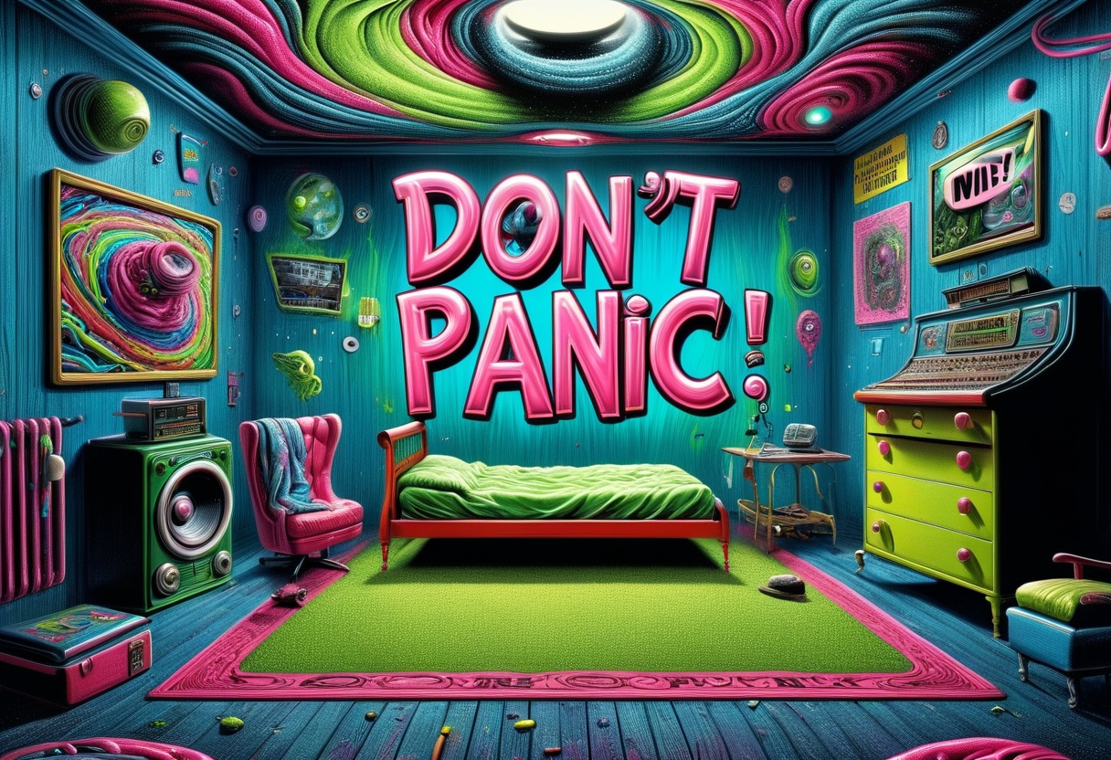 DonMD0n7P4n1cXL,  text "DON'T PANIC!",  hyper detailed masterpiece on Tensor.Art