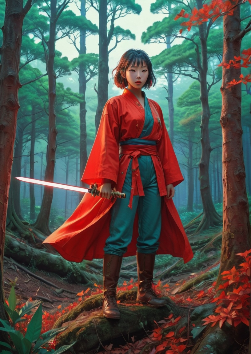 aw0k euphoricred style,  a magical sword levitating in a forest,  an anime drawing on Tensor.Art