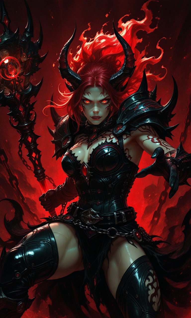 Red-haired character,  with horns,  holding glowing red staff on Tensor.Art