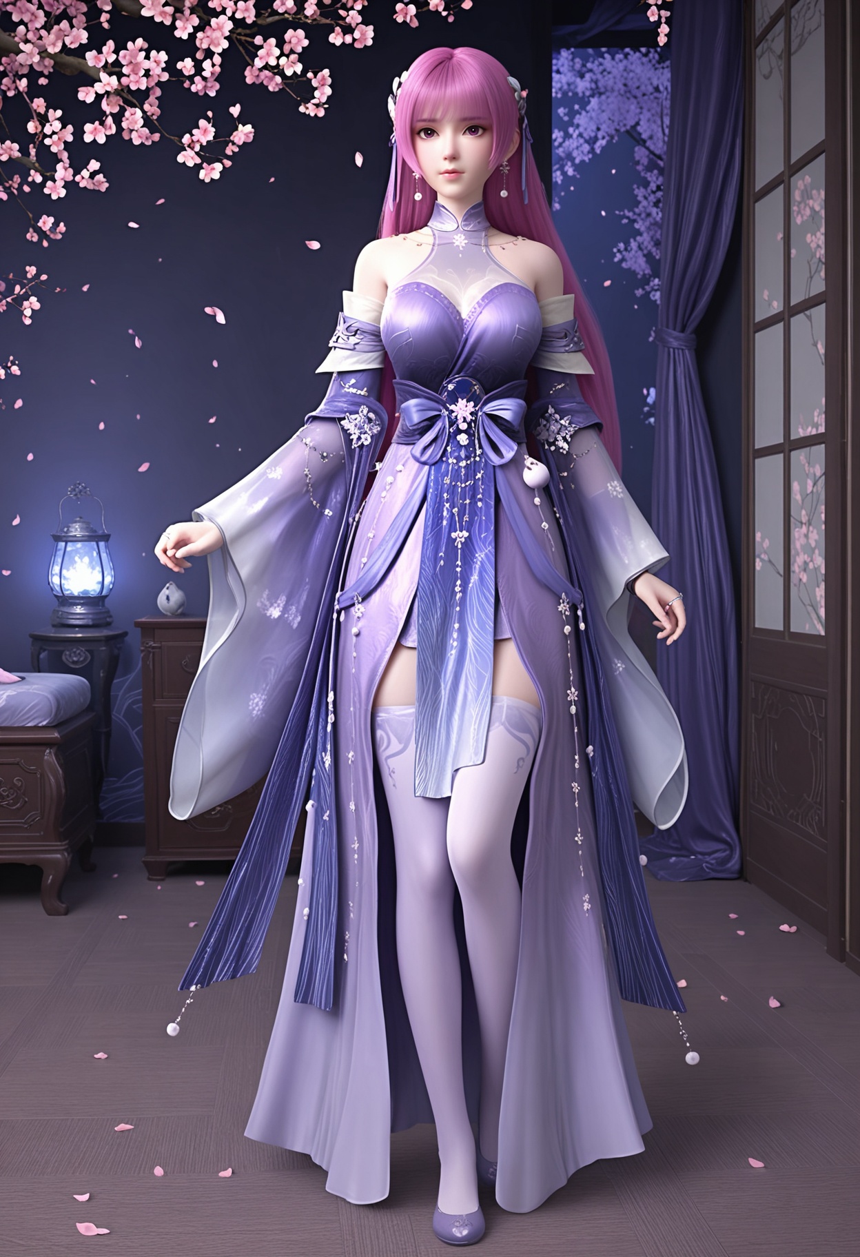 (standing full_body:1.1),(looking at viewer:1.1),masterpiece,(best quality),smog,Dark room,dim lighting,peach blossom,falling petals,<lora:YQ_Illustrious光辉v5_叶紫芸_V1:0.8>,q1528437228,1girl,solo,long hair,hair ornament,jewelry,chinese clothes,dress,earrings,pink hair,purple hair,purple eyes,detached sleeves,blunt bangs,pantyhose,thighhighs,pink eyes,ribbon,wide sleeves,hair ribbon,very long hair,necklace,ring,see-through,shoes,