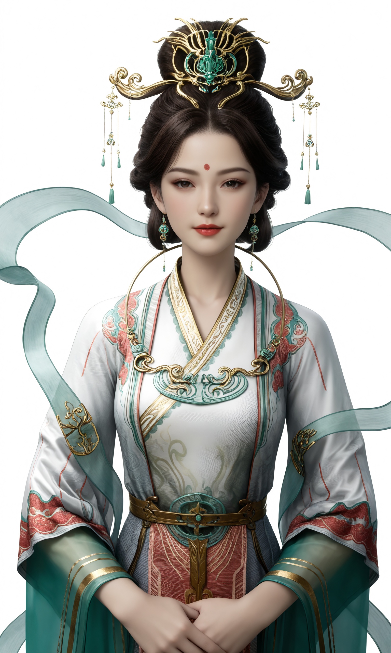 <lora:遮天-西王母IL:0.7>,1girl,dark brown hair,updo,gold and green ornaments,long,flowing traditional Chinese dress with  green and white,accented with gold and red embroidery,wide sleeves,high collar,, realistic stylewhite background,upper body,looking at viewer,
