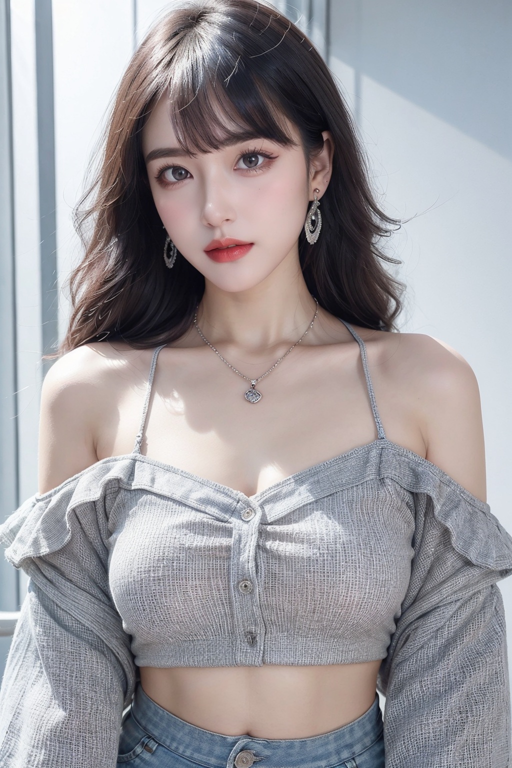 1girl, bangle, bare shoulders, bracelet, breasts, cleavage, collarbone, crop top, ear piercing, earrings, grey eyes, jewelry, long hair, looking at viewer, medium breasts, midriff, necklace, off-shoulder shirt, off shoulder, piercing, shirt, skirt, solo, white hair <lora:女:0.66>