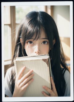 Faded Polaroid Photo, medium shot, long hairs, black hairs, 1girl, solo, hiding behind book, pretty face, shy, looking up to viewers with shock, covering mouth and nose with a book, peeking over book, in the classroom,delicate sunlight and shadows, motion blur, best quality, highres, delicate details, analog, old faded photo, old polaroid,