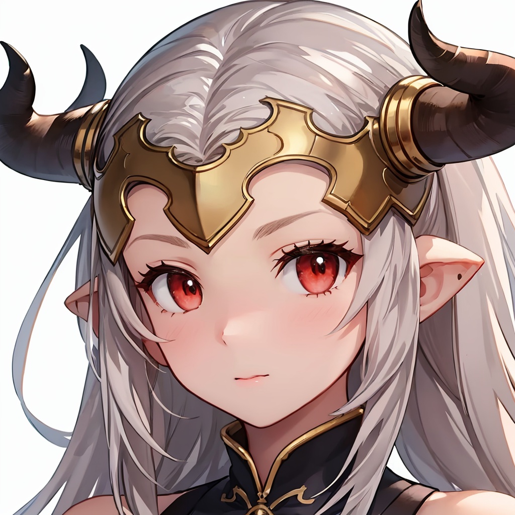 masterpiece,best quality, highly detailed, portrait,close-up,upper body,aliza (granblue fantasy),1girl,draph,hair pulled back,horns,<lora:aliza_(granblue_fantasy):1>,simple background,white background,