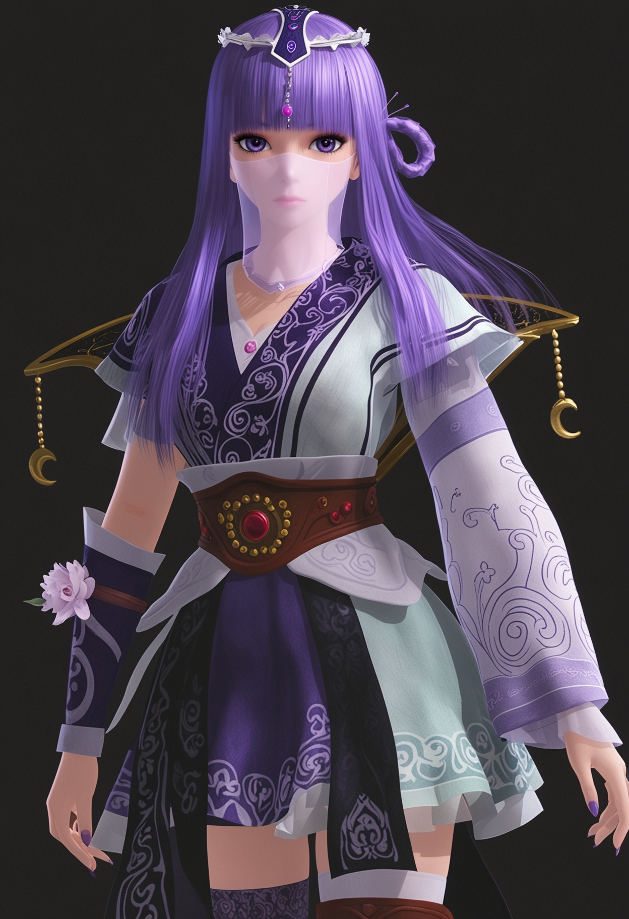 (upper_body:1.2),(looking at viewer:1.1),facing viewer,direct gaze,<lora:YQ_pony_shaosiming_V4:0.8>,1girl,solo,purple hair,long hair,veil,purple dress,purple eyes,hair ornament,blunt bangs,thighhighs,mouth veil,dress,circlet,boots,pantyhose,sash,asymmetrical sleeves,chinese clothes,jewelry,gem,hair rings,thigh boots,tiara,BREAK (simple background,pure black background,black background:1.1),perfect anatomy,