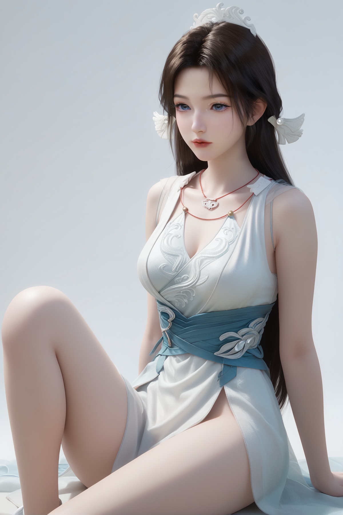 score_9,score_8_up,score_7_up,<lora:wy_songyu_XLdz:0.8>,1girl,long hair,breast,medium breast,hair_ornament,dress,brown hair,black hair,blue eyes,white dress,thick_thighs,sitting,simple background,white_background,wetting,dark,