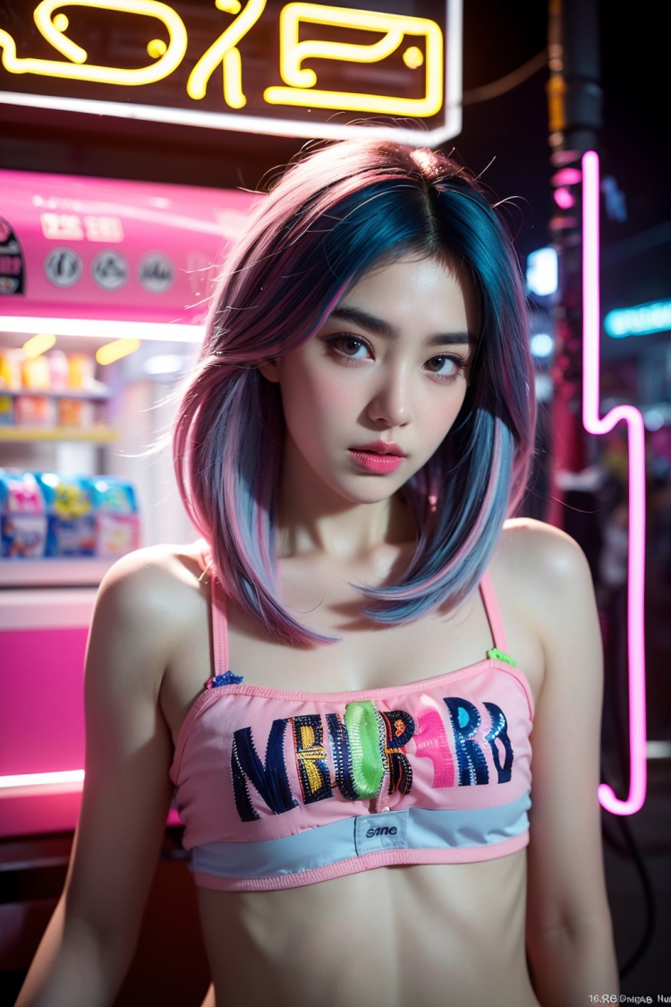 (masterpiece, top quality, best quality, official art, beautiful and aesthetic:1.2),(photoreal:1.5) BREAK 1 girl with a bunch of candy and a candy machine in her hand and a pink background with stars,upper body,photo,a detailed painting,pop surrealism,(neon color hair:1.5),strong wind,giant marshmallow candy machine break needlework,intricate designs,textile art,handmade details,creative expression,colorful threads,cyberpunk,break Alice Prin,