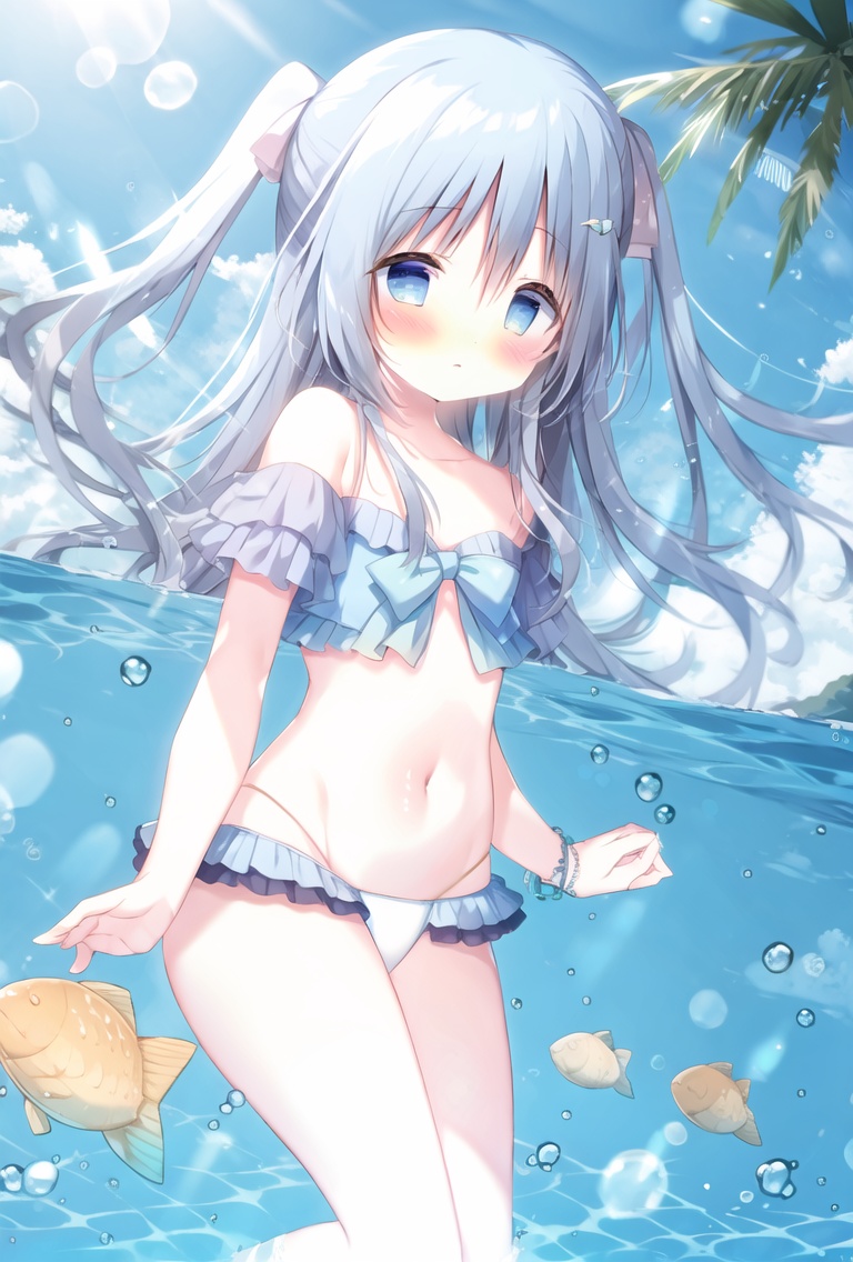 1girl,solo,(standing),beach,swimming ring,hold the swimming ring,palm_tree,day,available light,on the beach,beachball,blue serafuku,grey hair,