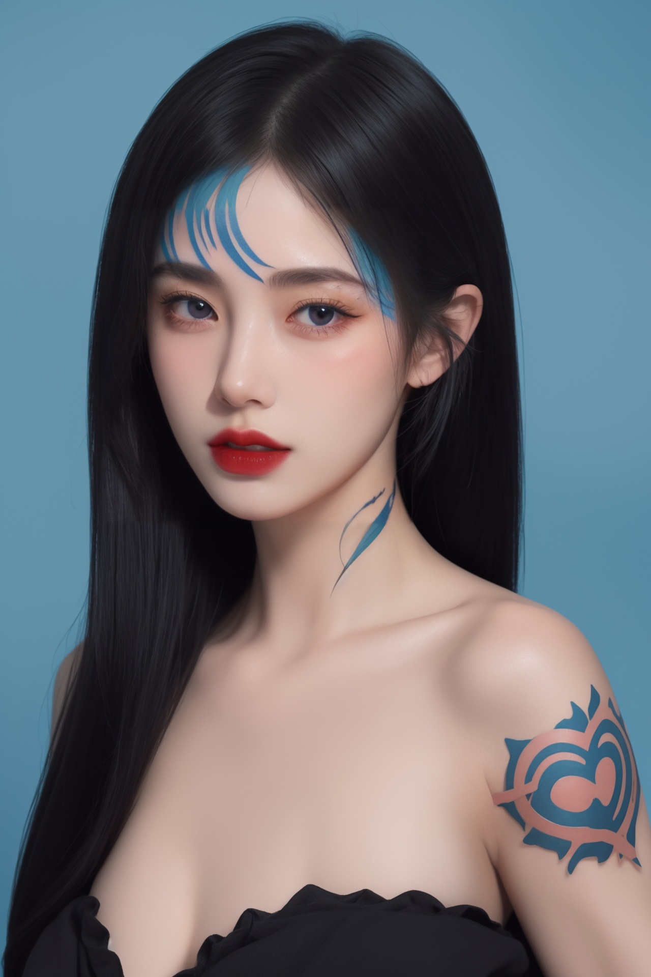 1girl, arm tattoo, bangs, bare shoulders, blue background, blue eyes, blue hair, body writing, breasts, facepaint, facial mark, facial tattoo, gradient, gradient background, hair ornament, heart tattoo, lips, lipstick, long hair, makeup, medium breasts, number tattoo, parted lips, red lips, shoulder tattoo, sleeveless, solo, tattoo, upper body ,huge breast<lora:绘画美女1.0:0.8>