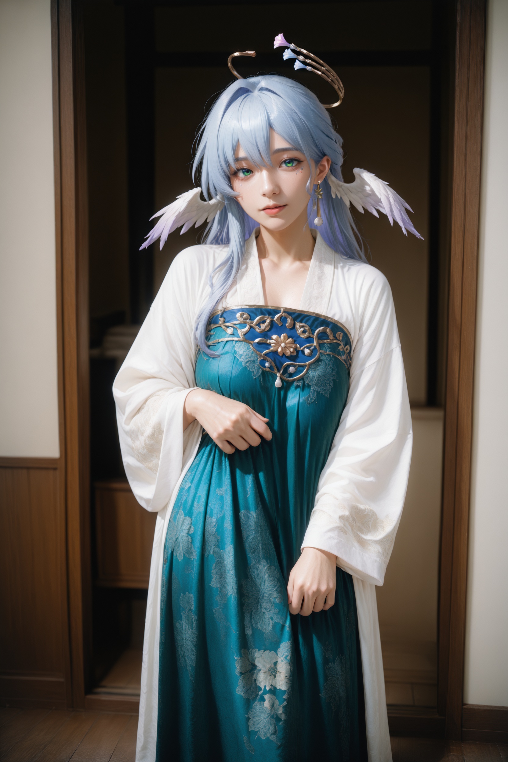(realistic),(photorealistic:0.9),detailed,official wallpaper,newest,photo-referenced,.,.,general,.,.,1girl,feet out of frame,robin \(honkai: star rail\),jewelry,traditional chinese hanfu,indoors,day,, very aesthetic, masterpiece, highres, absurdres,, RAW candid cinema, 16mm, color graded portra 400 film, remarkable color, ultra realistic, textured skin, remarkable detailed pupils, realistic dull skin noise, visible skin detail, skin fuzz, dry skin,