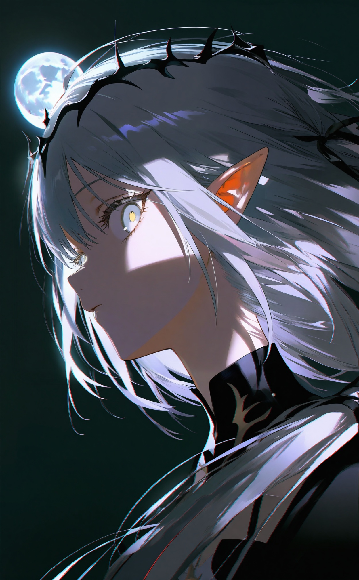 masterpiece,absurdres,best quality,loli,petite,high quality,chromatic_aberration,dark,black theme,//,1girl, solo, moon, looking_at_viewer, black_background, portrait, profile, full_moon, from_side, long_hair, grey_hair, grey_eyes, parted_lips, simple_background, white_eyes, sideways_glance, pointy_ears, multicolored_hair, close-up, looking_to_the_side, hair_behind_ear, moonlight, black_ribbon, expressionless, closed_mouth, yellow_eyes, wide-eyed, low_ponytail, dark_background, floating_hair//,<lora:degrees_25——【CKXL】hans:1>,