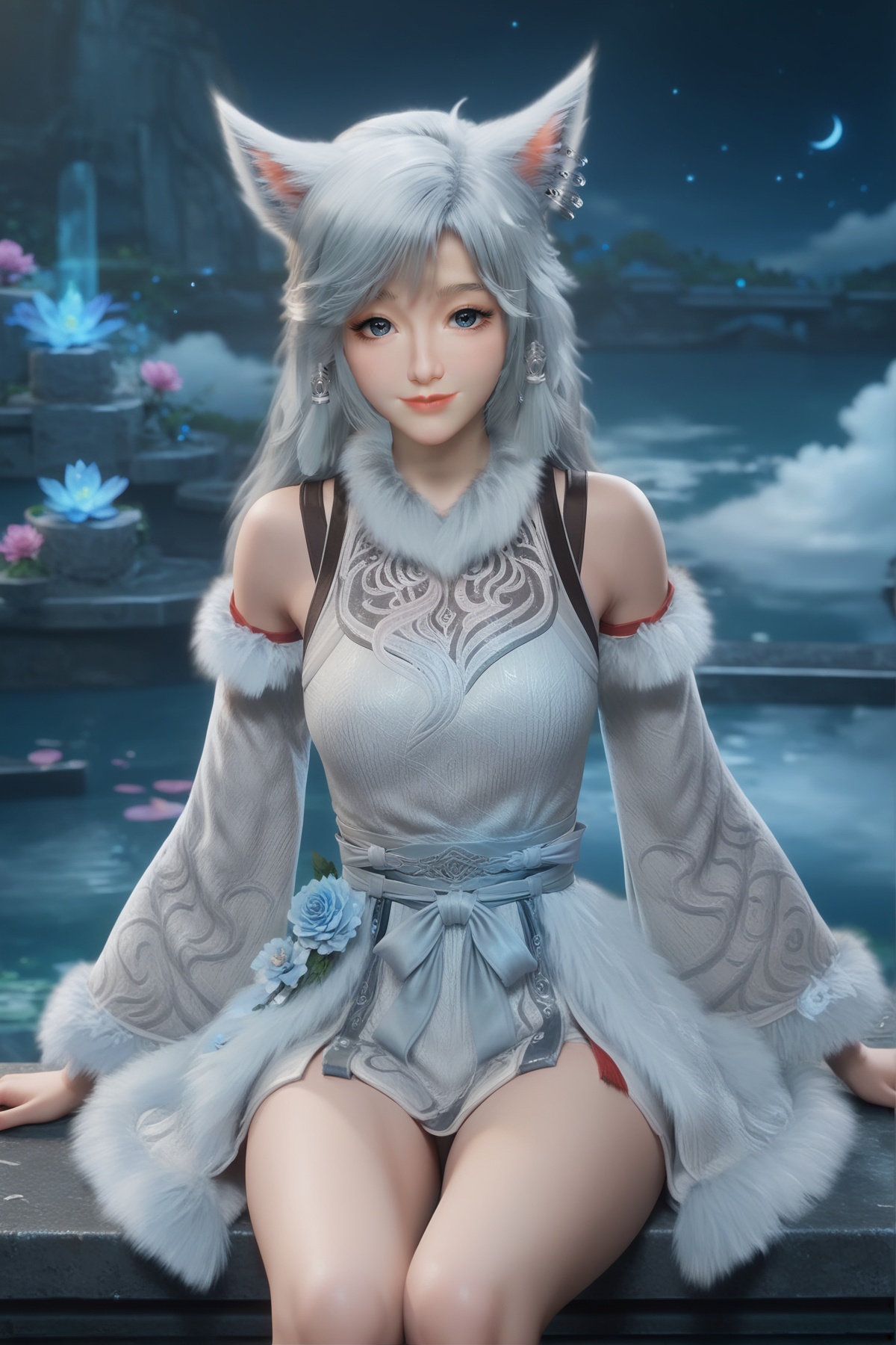 score_9,score_8_up,score_7_up,<lora:wy_yinyue_hl_XL7.0:0.8>,1girl,long hair,breast,medium breast,hair_ornament,dress,thick_thighs,sitting,animal ears,earrings,blue eyes,smile,white hair,cat ears,bare shoulders,grey eyes,fur trim,miqo'te,blue_sky,cloudy,flower,very flowers,many flowers,