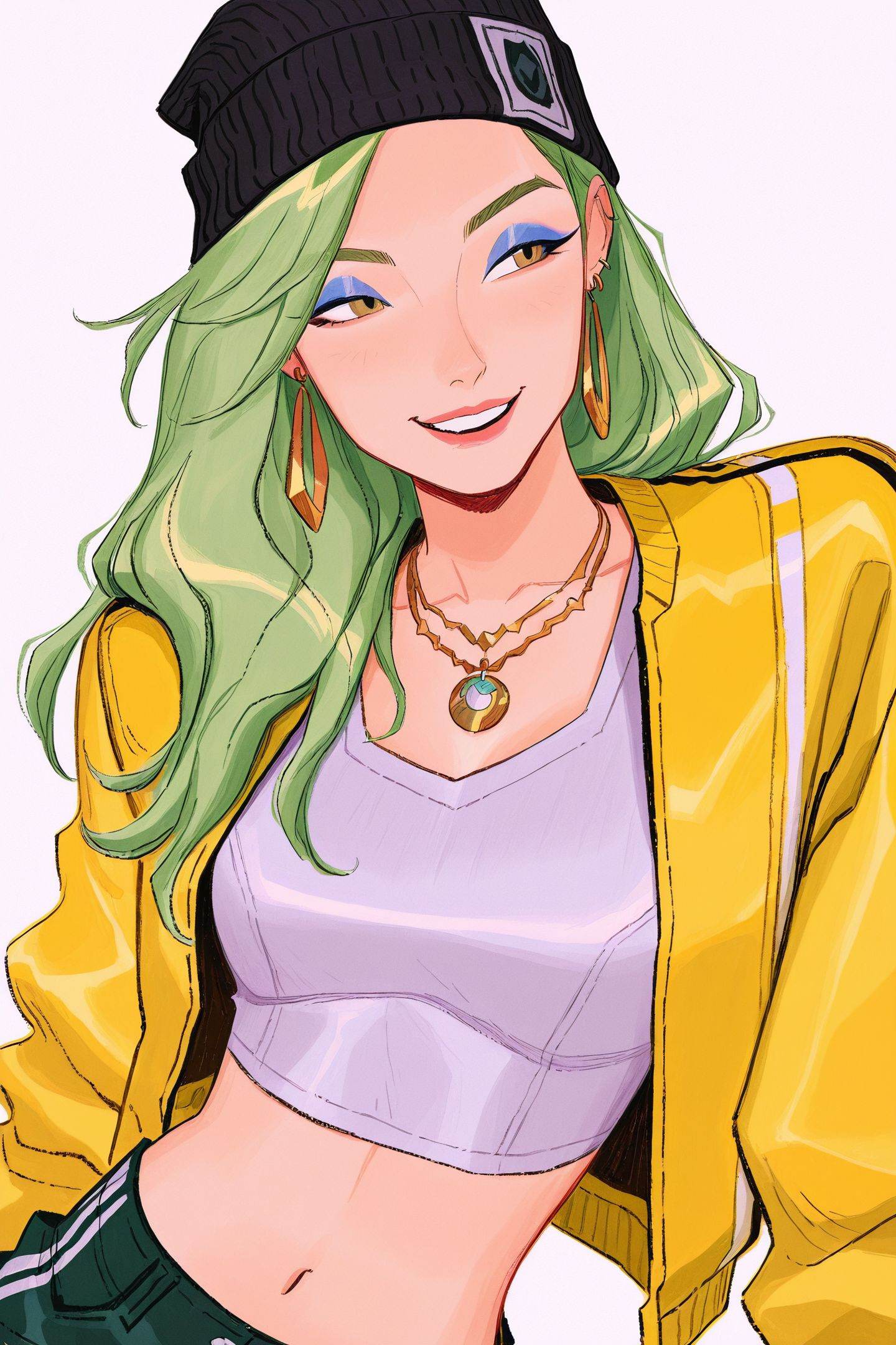 ami thompson Style,solo,jewelry,1girl,long hair,earrings,jacket,hat,necklace,black headwear,beanie,white background,makeup,green hair,upper body,simple background,yellow jacket,smile,eyeshadow,crop top,alternate costume,open jacket,midriff,open clothes,<lora:ami thompson_illustriousXL:1>,