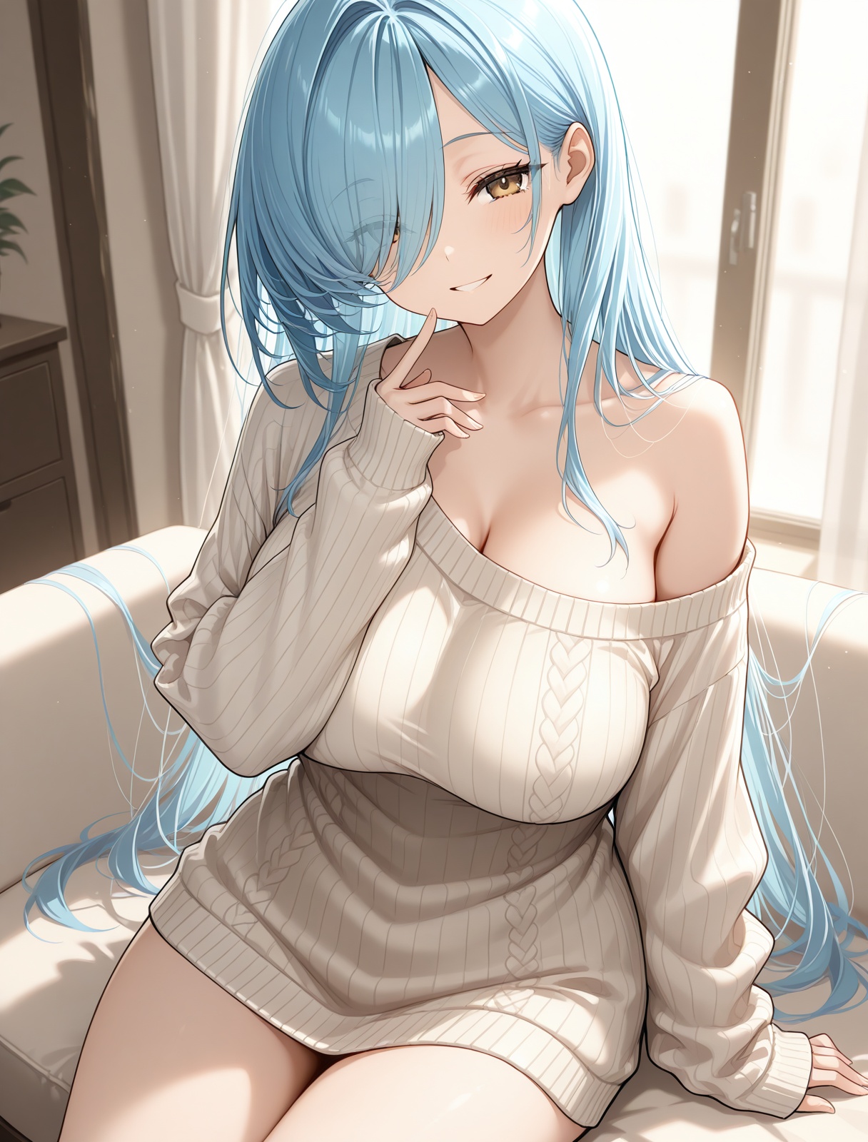 <lora:chang_wu_IL_v1.0:1>,chang wu,blue hair,hair over one eye,sitting,sleeves past wrists,sweater,single bare shoulder,smile,, masterpiece,best quality,