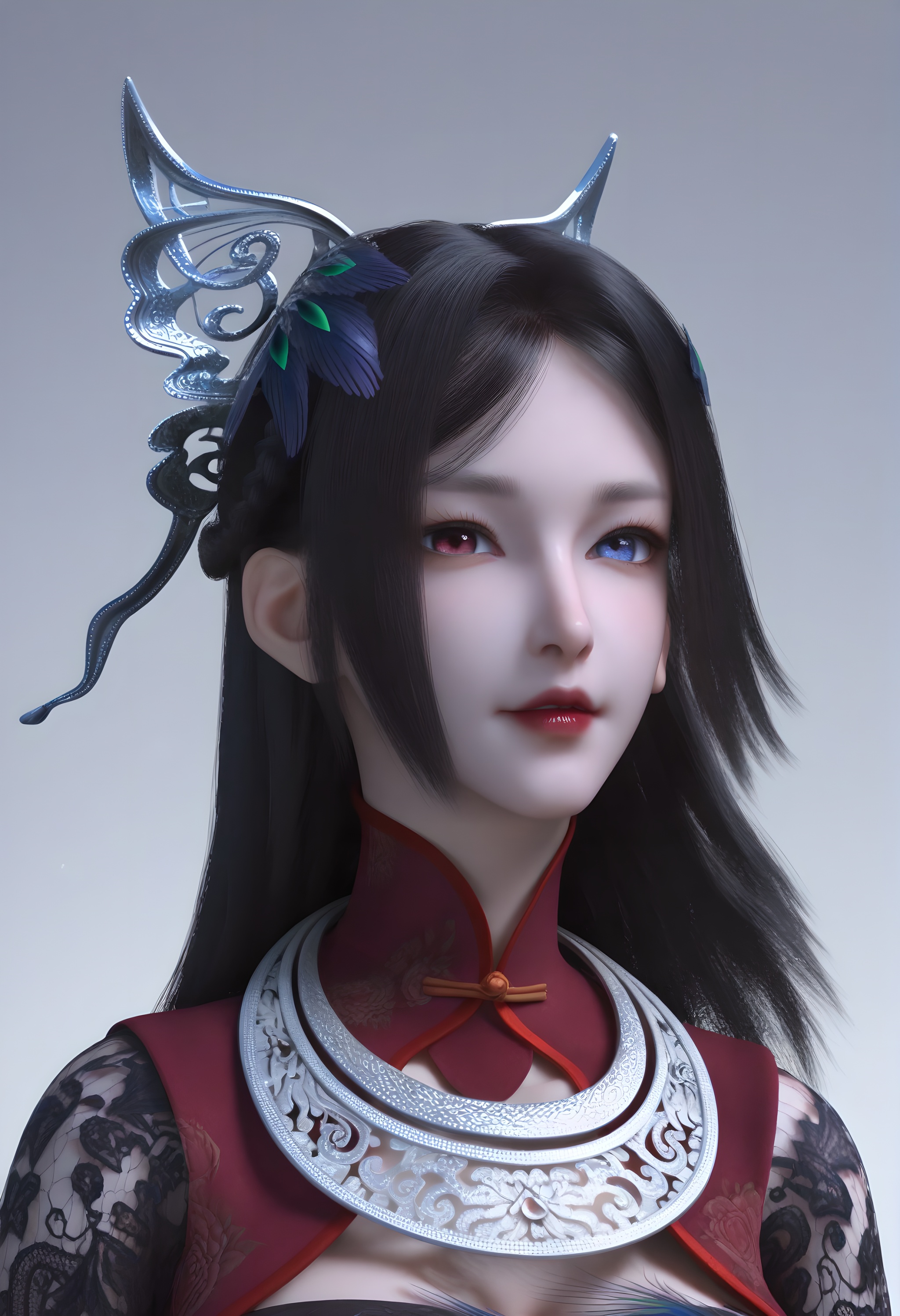 (score_9),portrait,solo focus,(eye focus),<lora:慕雨墨-apony-000009:0.83>,muyumo,1girl,solo,heterochromia,hair ornament,black hair,feather hair ornament,long hair,braid,high collar,silver collar,crop top,lace sleeves,mature_female,collarbone,cleavage,BREAK<lora:Expressive_H-000001:0.8>,light blush,Expressiveh,looking at viewer,front view,<lora:e肤色滑块:0.35>,fair_skin,(pale skin),(white_skin),ultra-detailed skin texture,detailed textures,BREAKasimple background,<lora:e色温:0.25>,sparkle,(sparkle background),4K ultra HD,sharp focus,high detail,high contrast,