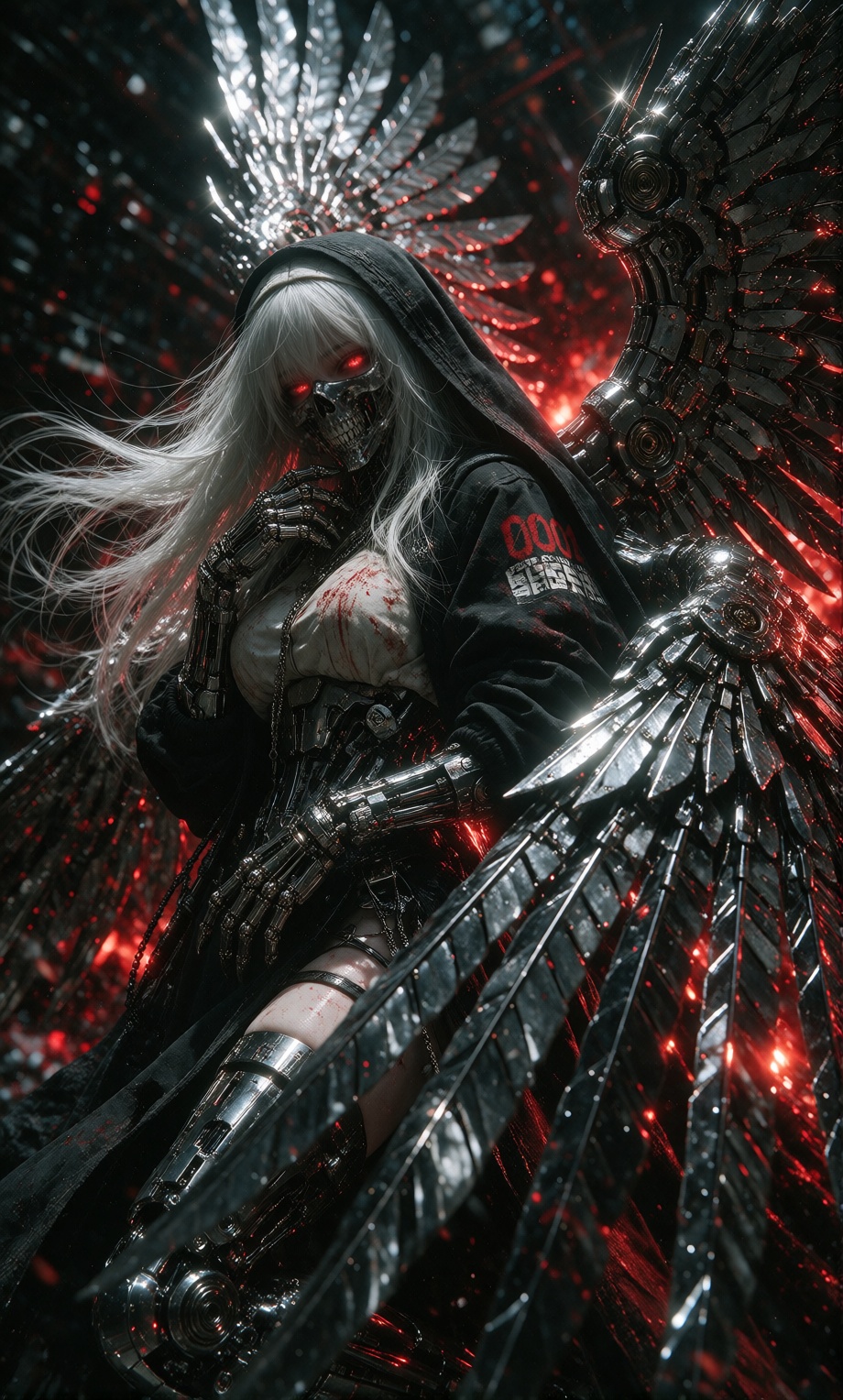 cybernetic nun,  long straight white hair whipping through the air,  glowing blood-red eyes on Tensor.Art