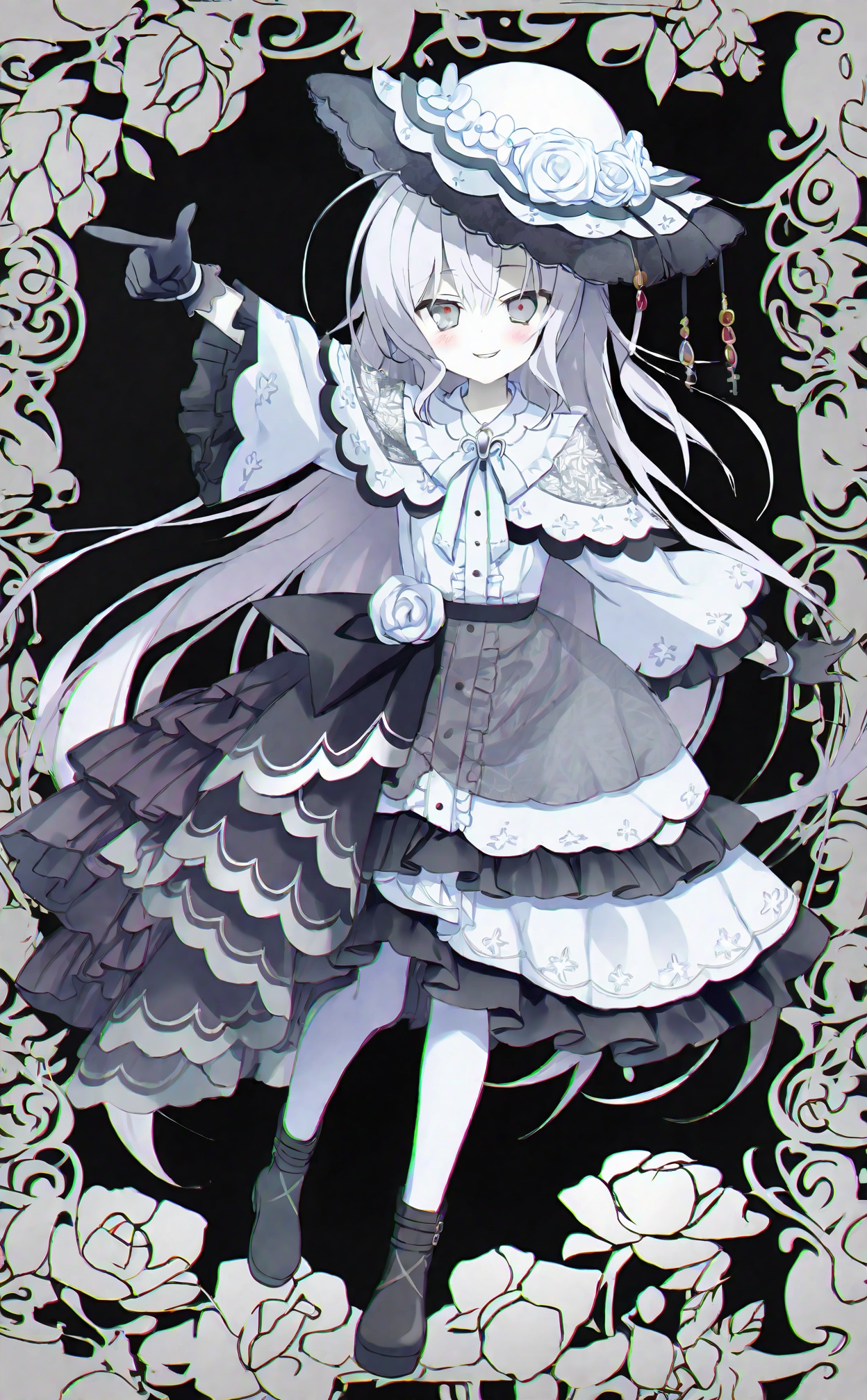 masterpiece,highres,absurdres,newest,best quality,loli,petite,high quality,chromatic_aberration,//,tsukishiro_yuki, 1girl, long_hair, solo, gloves, arm_up, black_footwear, black_background, white_rose, black_gloves, flower, frills, dress, white_hair, very_long_hair, hat, full_body, simple_background, smile, white_flower, hat_flower, white_headwear, lolita_fashion, white_pantyhose, white_dress, rose, long_sleeves, white_eyes, looking_at_viewer, pointing_up, blush, standing, jewelry, black_skirt, frilled_dress, grey_eyes, white_capelet, skirt, index_finger_raised, wide_sleeves, pantyhose, pointing, neck_ribbon, center_frills, gothic_lolita, boots, lace_trim, pale_skin, capelet, ribbon, layered_dress//,hashimoto takashi,(Artist:yuzuna_hiyo:0.5),(Artist:courreges_ace:0.4),(Artist:inugami kira:0.5),(Artist:kobuichi:0.66),(Artist:muririn:0.4),(Artist:kimishima_ao:0.8),(Artist:ameto_yuki:0.45),(artist:izumi_tsubasu:0.5),//,<lora:tsukishiro_yuki2——【noob】hans:1>,