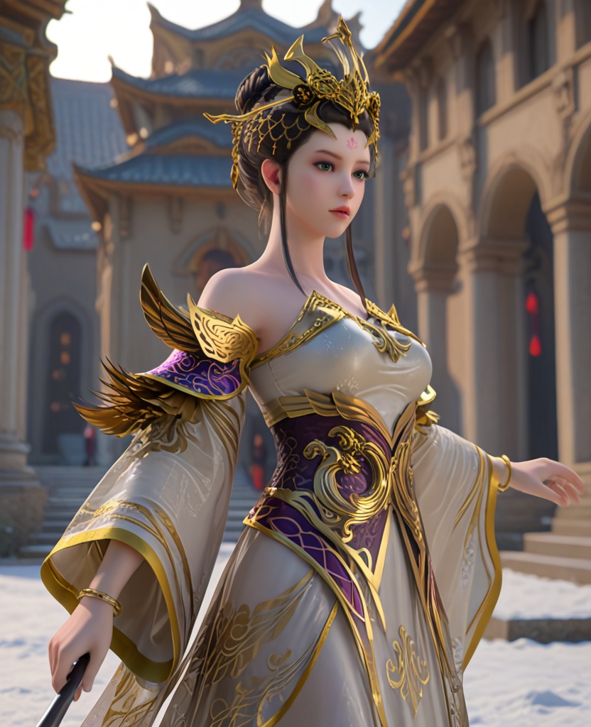 (oriental architecture, elegant decor, sophisticated style:1.1),(skiing:1.1),(breasts:1.2),<lora:XL雪鹰领主墨阳琦:0.95>,miss moyangqi,white dress,gold trim,hair ornament,forehead mark,hair bun,earlock,black hair,mesh sleeves,green eyes,sash,see-through overskirt,bracelet,, score_9,score_8_up,score_7_up,score_6_up,score_5_up,score_4_up,3d rendering,tag1,tag2, Cinematic Lighting,backlighting,