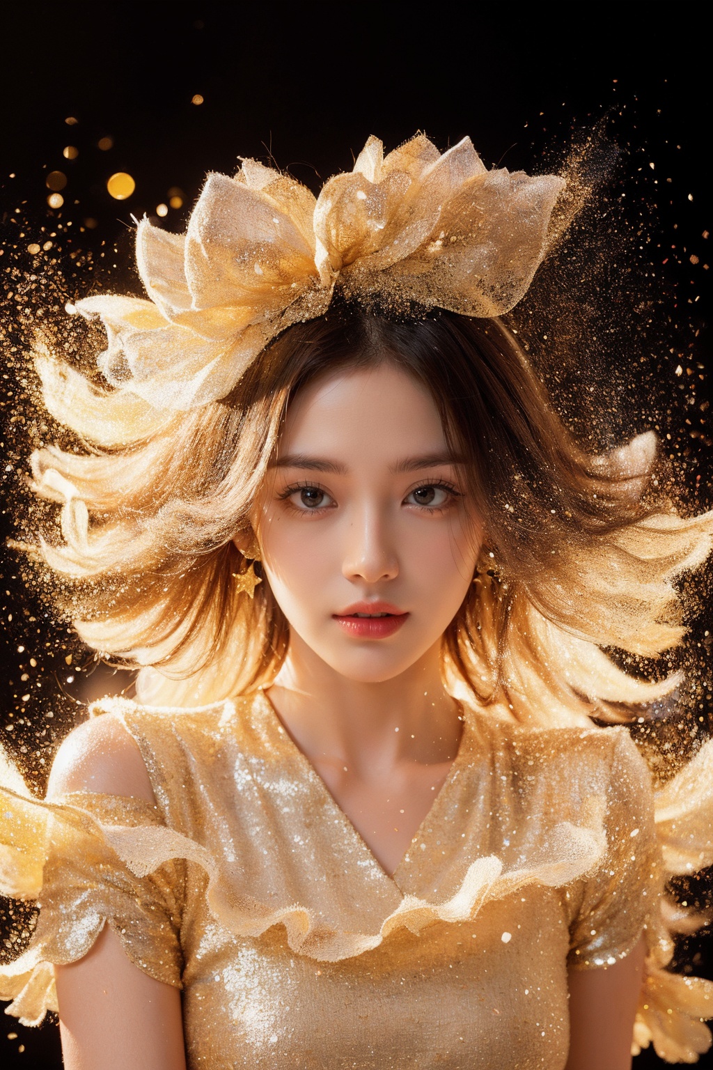 (1girl:1.1),stars in the eyes,(pure girl:1.1),(full body:0.6),There are many scattered luminous petals,contour deepening,white_background,cinematic angle,gold powder,<lora:jin_20231226224140-000003:0.7>, 