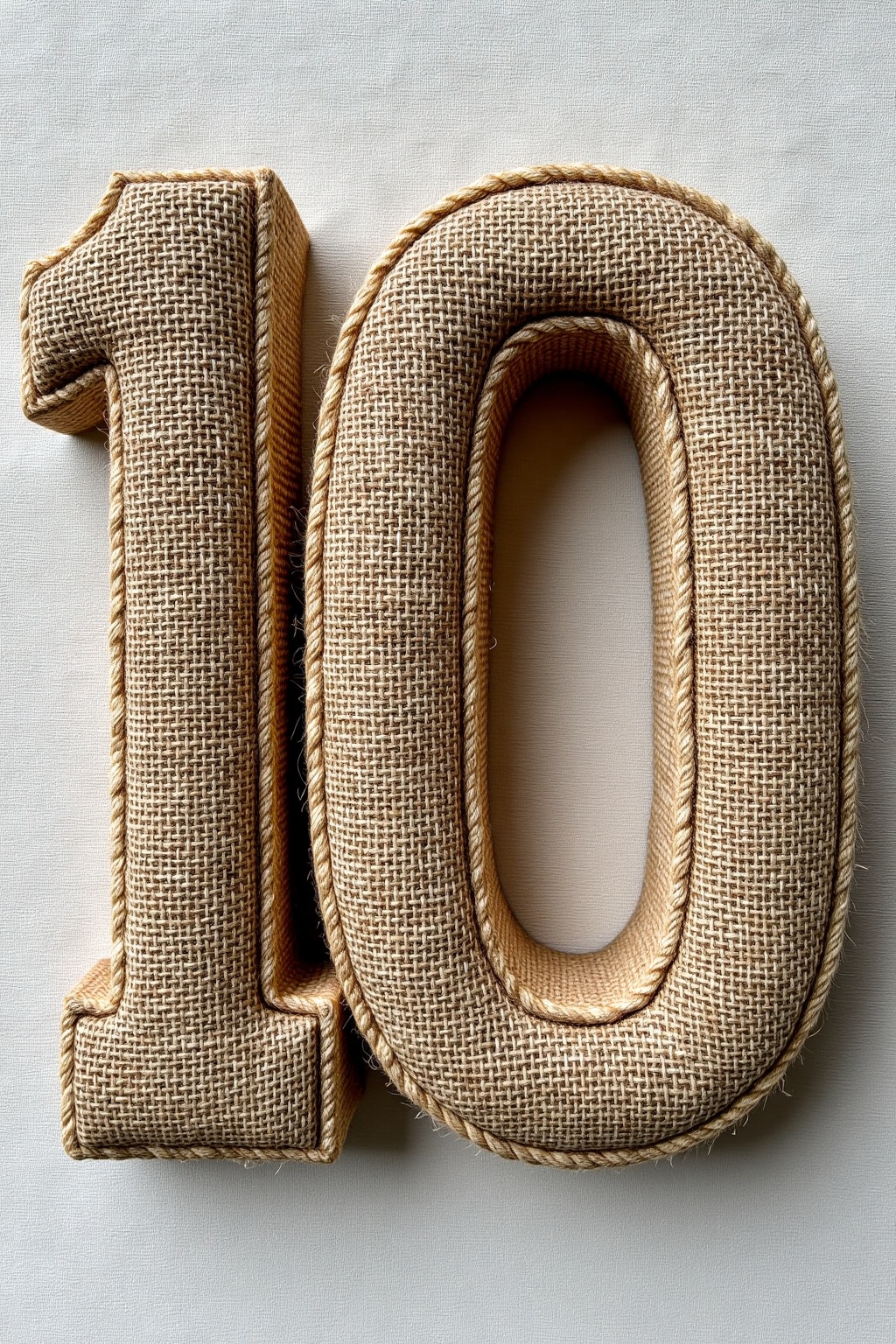 beijihui,The image shows a large, burlap-wrapped number "10" placed on a neutral, textured fabric background. The burlap material gives the number a rustic and handmade appearance, with visible texture and stitching. The number is prominently displayed in the center of the image, taking up most of the space. The fabric background is plain and light-colored, providing a subtle contrast to the textured burlap. There are no other objects or elements visible in the image.