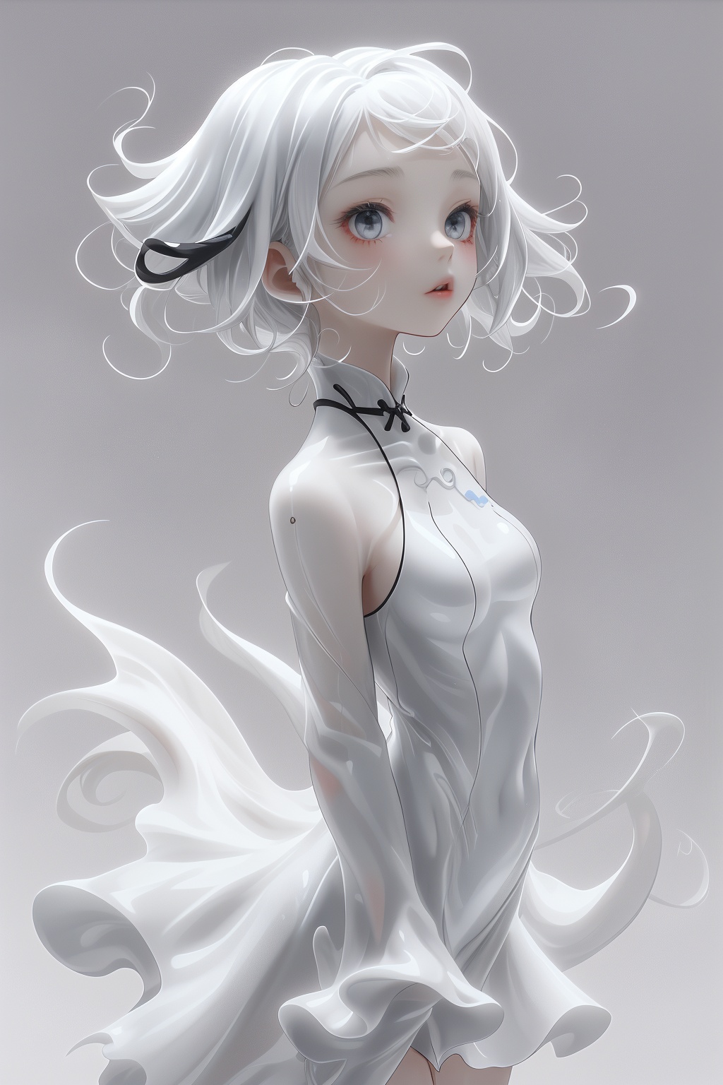 ananqc,a girl with white hair,white dress,long black hair,