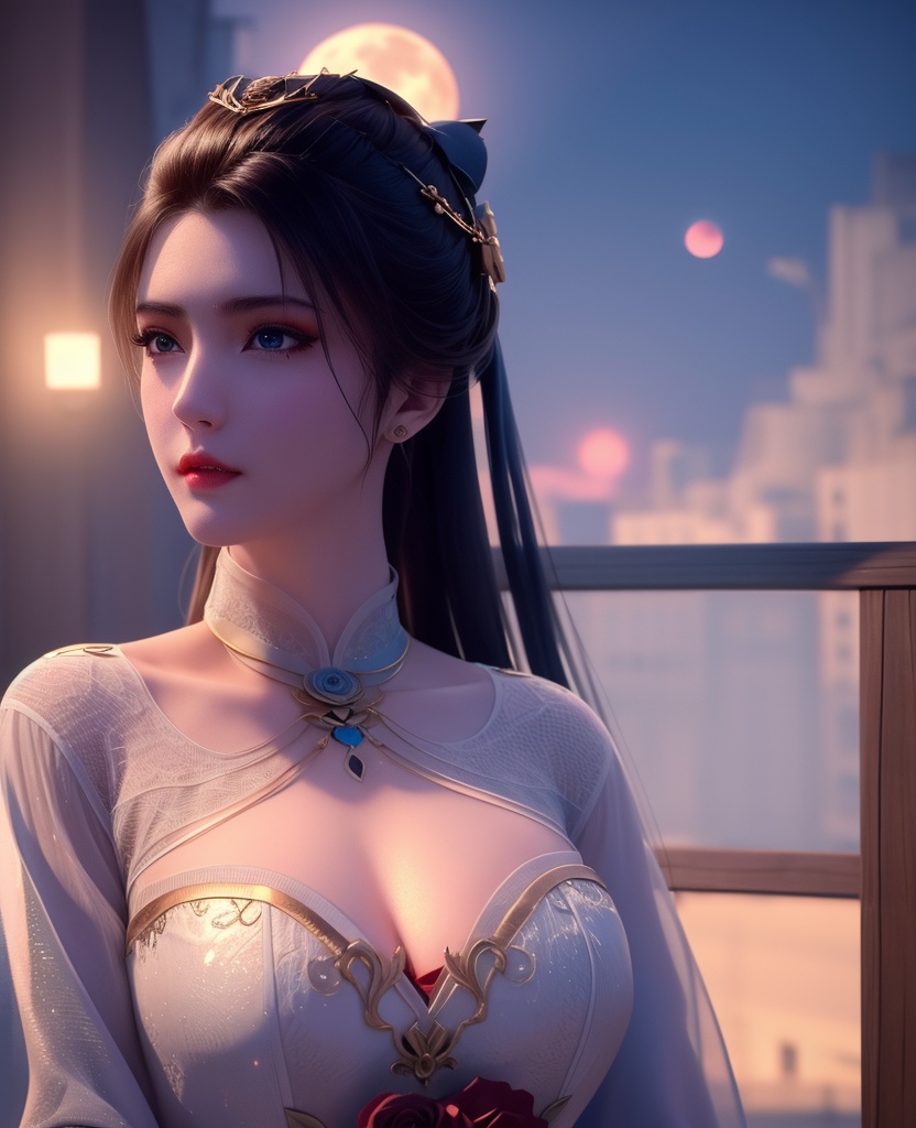 <lora:638-DA-暗河传-白鹤淮-妇人:0.8>(,1girl, ,best quality, ),looking at viewer,masterpiece, (( , )),, realistic,science fiction,mole, ultra realistic 8k cg, full moon,  rose,(cleavage), (),