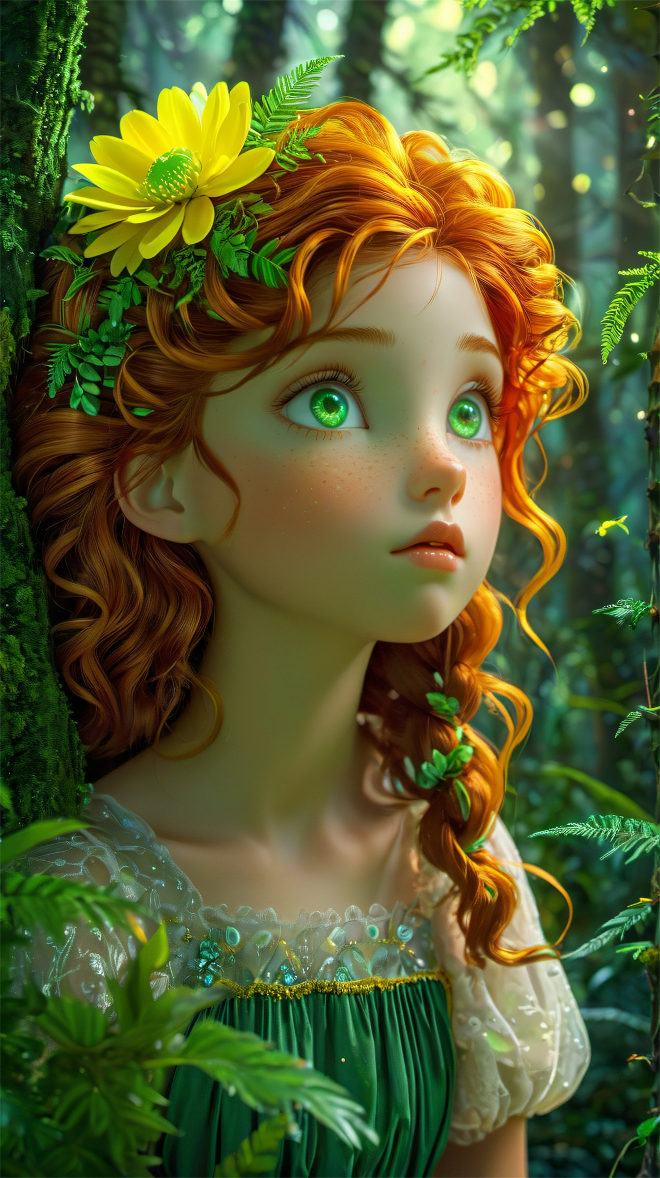 Dream style,fireworks,freckles,long hair,dress,red hair,solo,A vibrant animated girl with fiery red hair and green eyes is surrounded by glowing orbs and a twinkling flower,exuding a sense of wonder and enchantment.,highly detailed,ultra-high resolutions,32K UHD,best quality,masterpiece,<lora:Dream style:0.9>,