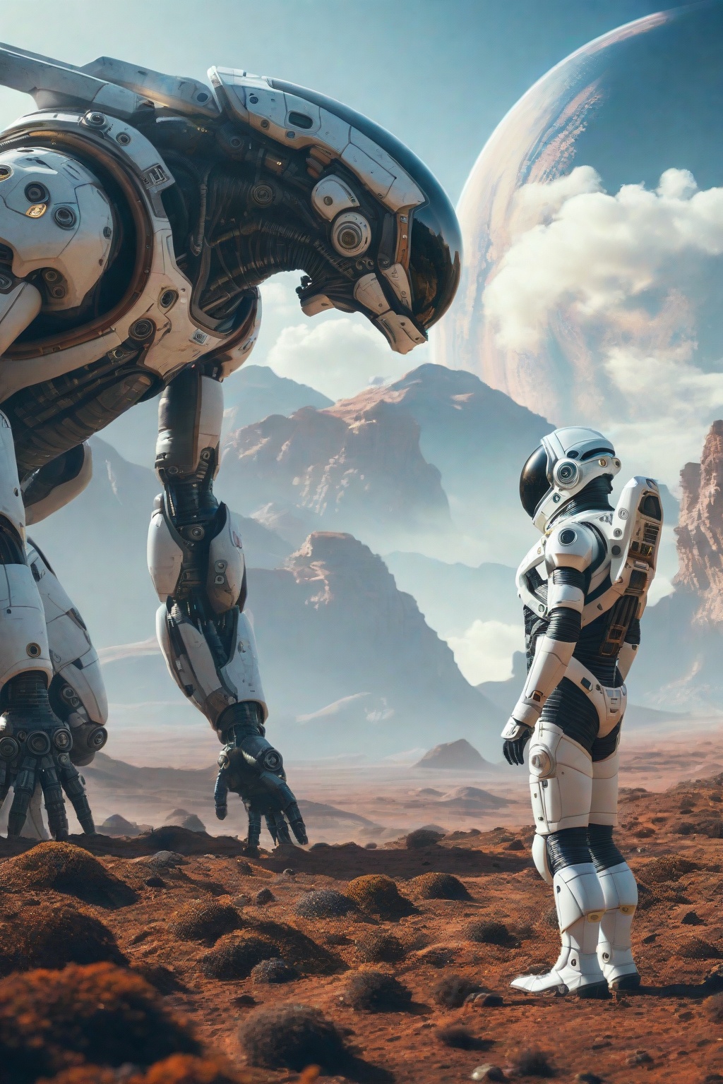 A human astronaut dressed in an advanced mecha suit stands face-to-face with the vast indigenous inhabitants of an alien planet. Stunning Alien Landscape Background,Epic Picture,High Detail,Ultra High Resolution,32K UHD,Best Quality,Masterpiece,