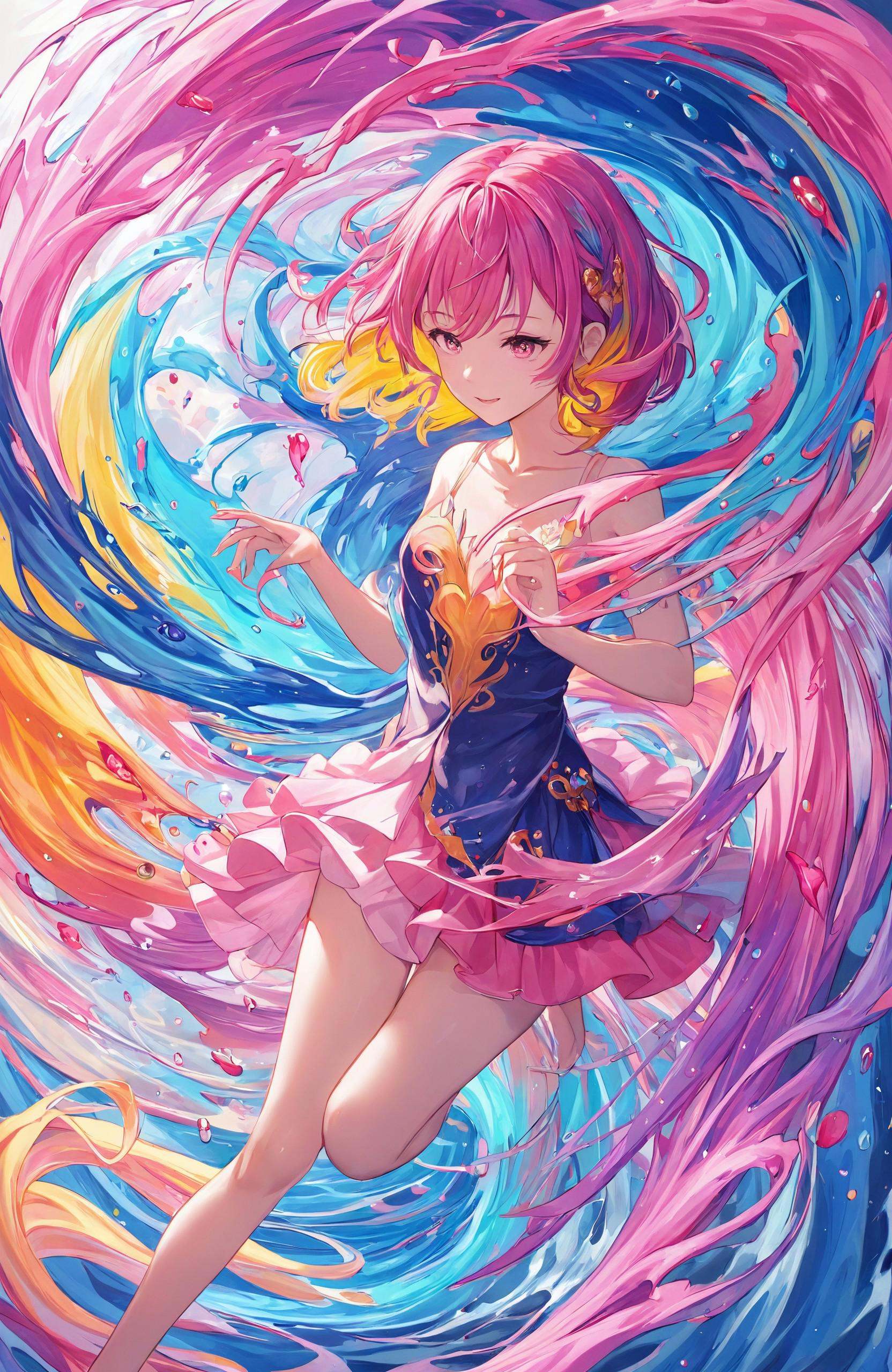 "Vibrant anime art style,  showing a young girl with long,  flowing hair in vivid shades of pink on Tensor.Art