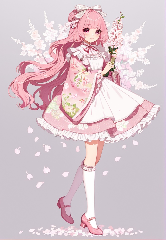 (best quality), ((masterpiece)), (highres), illustration, original, extremely detailed,  <lora:好き物语:0.7>solo, 1girl, pink hair, long hair, full body, apron, pink footwear, white background, shoes, smile, white apron, bangs, floral print, simple background, pink eyes, wide sleeves, frills, long sleeves, dress, holding, blush, cherry blossoms, ribbon, socks, standing, frilled apron, flower, mary janes, very long hair