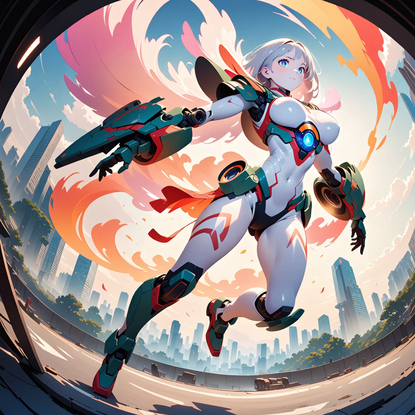 (Wide-angle lens, Panoramic:1.5),Masterpiece,Ultra high res,Extremely detailed,Realistic,1 girl,Finely detailed beautiful eyes and detailed face,Machinery,Mecha,(Science Fiction),white mecha,luminescence,Colorful colors,High contrast,High saturation,Realistic,(Dynamic pose:1.2),Perky breasts,White skin,Visual impact,(sexy full body photo:1.2),Cybercity background,Fantasy,Ultra detailed,Detailed face,Movie light,Movie lens,(Movie special effects),