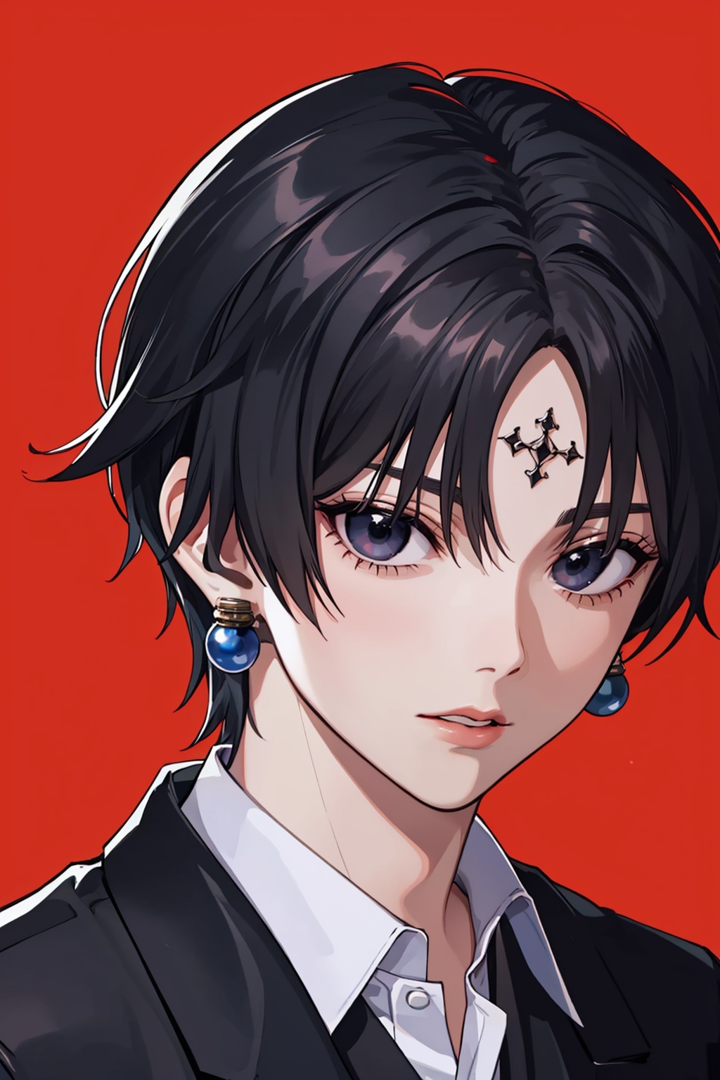 masterpiece,best quality, highly detailed, chrollo lucilfer, 1boy, solo, male focus, red background, portrait, looking at viewer, black shirt, parted lips, glint, simple background, single earring, collared shirt, hand up, one eye covered,<lora:chrollo_lucilfer:1>