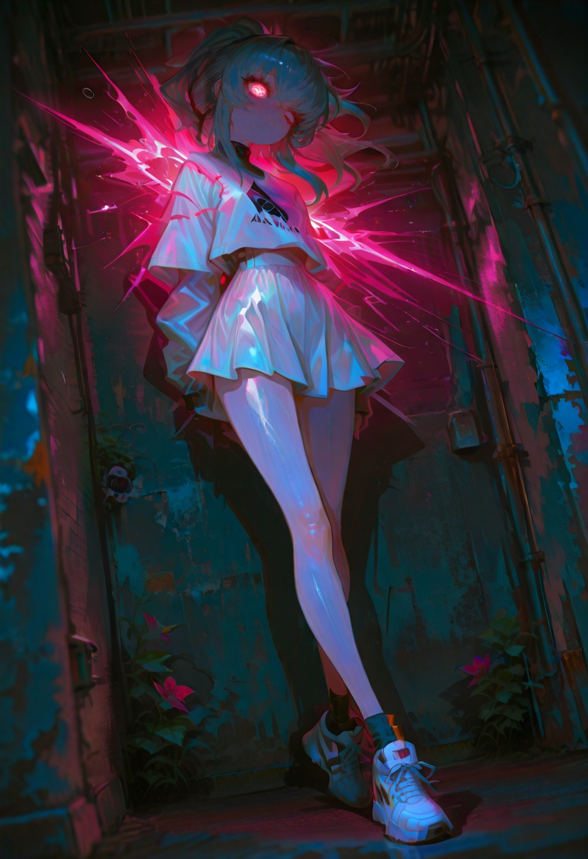 best_quality,masterpiece,cute painting style,perfect body,wide hips,slim waist,thin legs,thin waist,full body,shiny skin,ui_(blue_archive),Adidas T-shirt,miniskirt,White Adidas sneakers,depth of field,dutch angle,photorealistic,shiny skin,vibrant,(distant shot:1.2),masterpiece,best quality,amazing quality,very aesthetic,absurdres,newest,volumetric lighting,looking at viewer,flower-shaped pupils,glowing eyes,8k,dynamic angle,illustration,intricate details,dark_steel_gray background,dynamic posing,vibrant illustration,fashion details,(floating a chibi character:1.2),wearing matching colors,long_legs,longeyelashes,shadow on background wall,closed mouth,