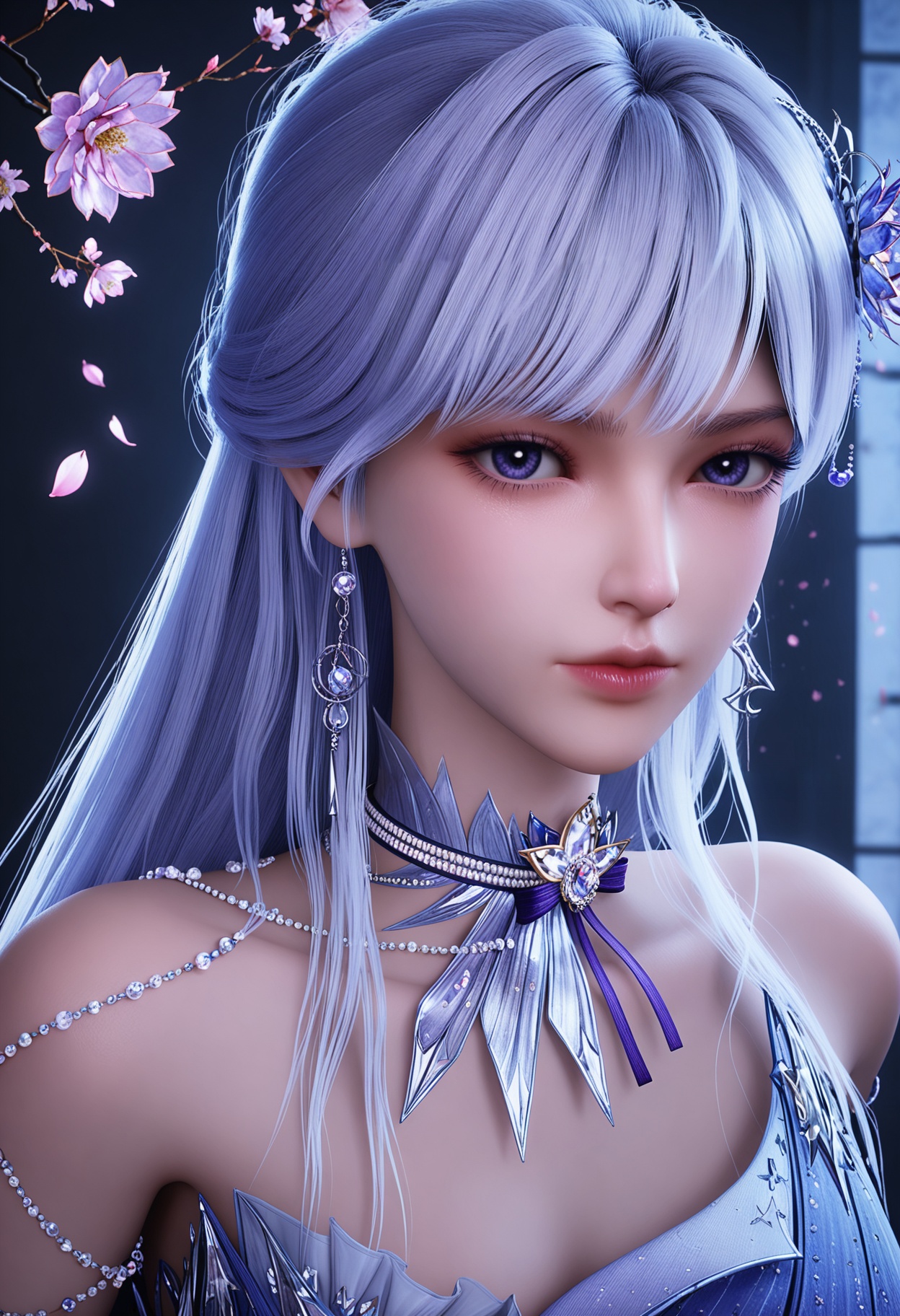 (upper_body:1.2),(looking at viewer:1.1),facing viewer,direct gaze,(masterpiece:1.1),(best quality:1.2),(intricate details),(smog:1.3),(Dark room:1.3),(dim lighting:1.3),peach blossom,falling petals,<lora:YQ_Illustrious光辉v5_圣采儿_服装6_V1:0.8>,1girl,q1528437228,solo,long hair,jewelry,hair ornament,earrings,dress,purple eyes,white hair,choker,high heels,necklace,blue hair,blue eyes,purple hair,masterpiece,(best quality),(intricate details:0.9) BREAK (intricate details:0.9),(realistic skin:1.2),masterpiece,best quality,newest,absurdres,hiahres,