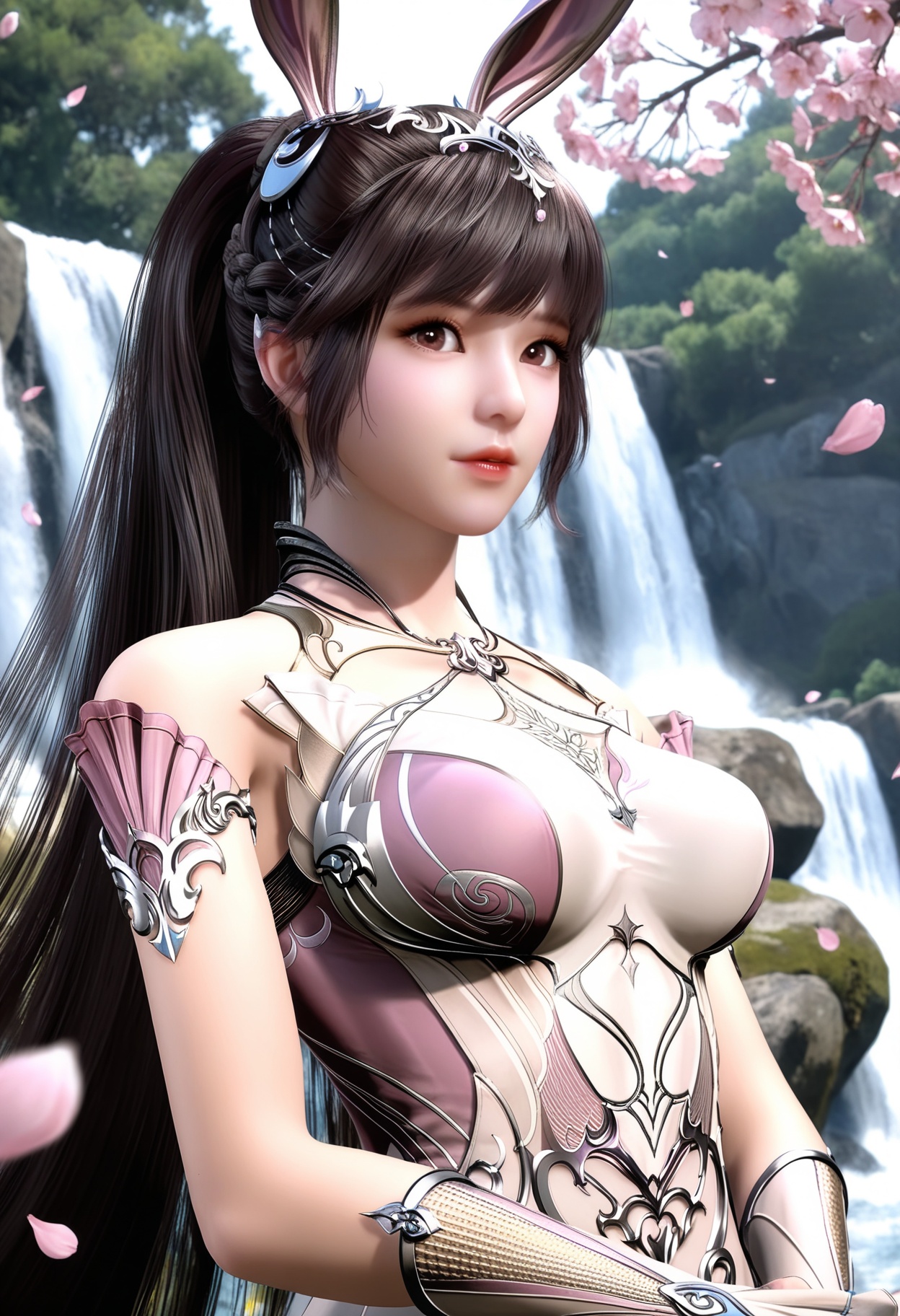 masterpiece,best quality,amazing quality,high resolution,ultra-detailed,absurdres,(looking at viewer:1.1),(upper body:1.1),(moody lighting:1.1),waterfall,peach blossom,falling petals BREAK large breasts,xiaowu,1girl,solo,brown hair,long hair,brown eyes,dress,rabbit ears,ponytail,hair ornament,pink dress,metal collar,necklace,realistic,bare shoulders,jewelry,collar BREAK photorealistic details,<lora:QQSillxiaowuV1:0.8>,