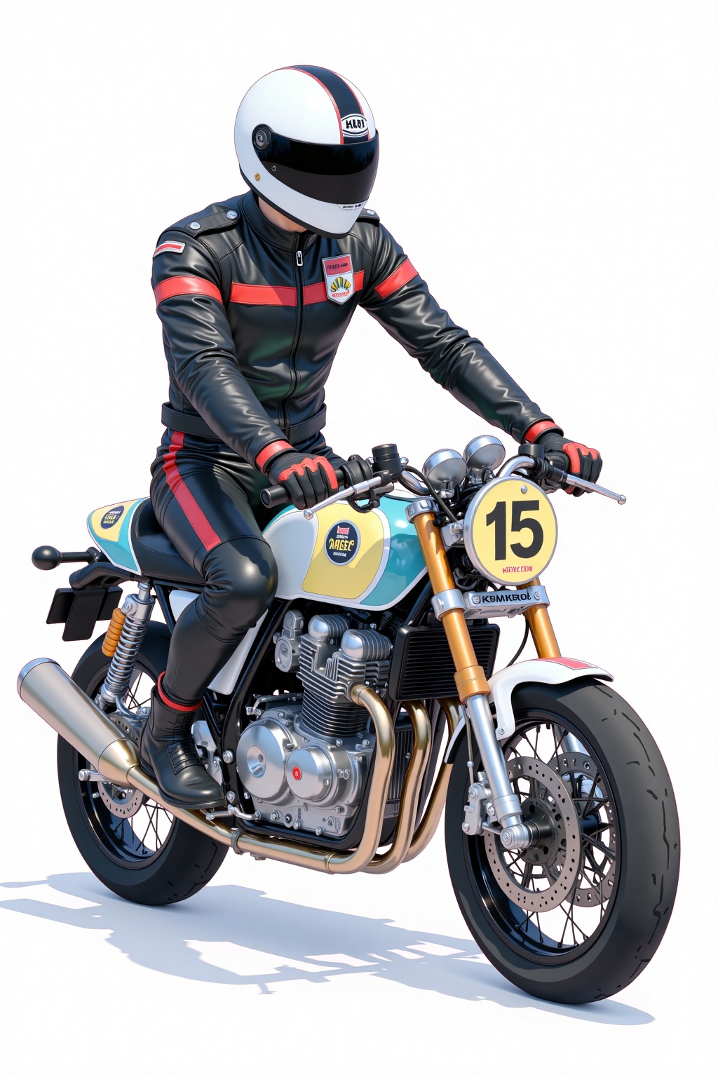 beijihui,A cartoon drawing of a man riding a motorcycle with the number 15 on the front of the motorcycle. The man is wearing a white helmet with a black band around it. He is also wearing a black leather suit with a red stripe down the side of the jacket. His boots are black with red accents on them. His left hand is on the motorcycle handlebars. His right hand is resting on the handlebars of the bike. The bike is painted in black and white. The background of the painting is white.