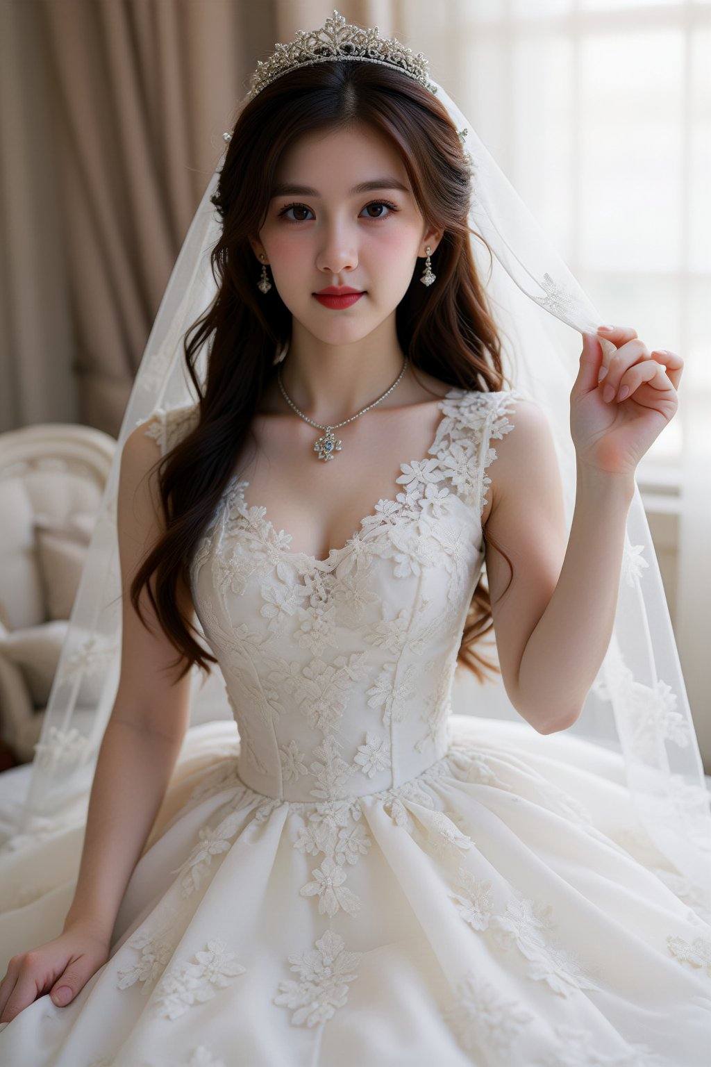 The image depicts a photograph of an Asian woman in her mid-20s,  with long,  wavy brown hair and fair skin on Tensor.Art