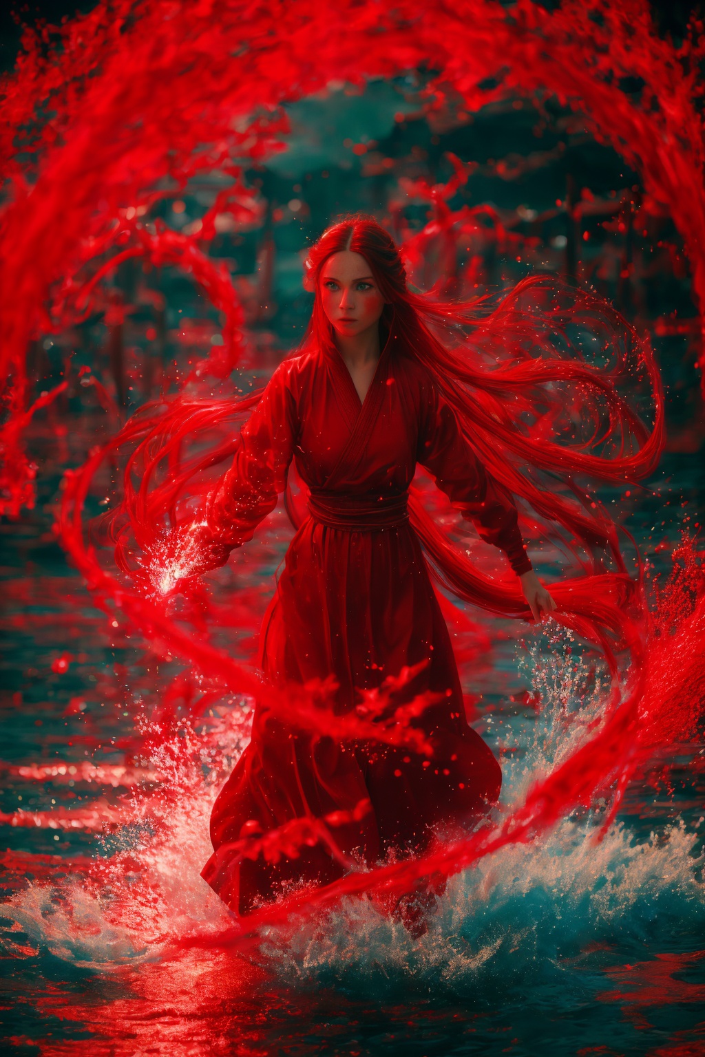 dancing,fighting stance,red-water-aura,using red-water-magic,red-water-magic,1girl,solo,long hair,blue eyes,common face,full body,<lora:magic_fighting_red_512_dreamshaper_8_2:0.8>,