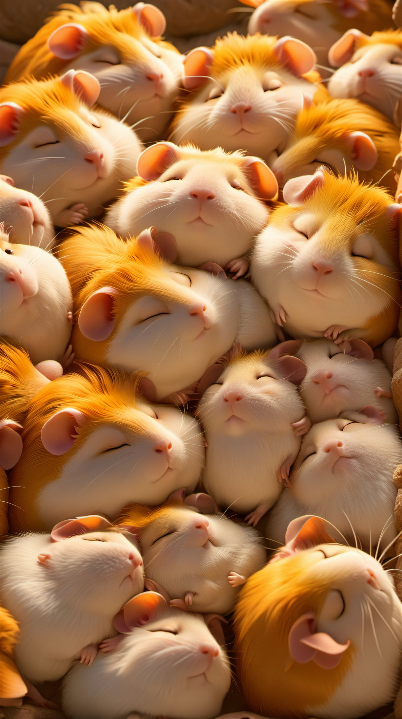 Dream style,sleeping,no humans,animal,too many,animal focus,The image showcases a group of orange-hued creatures,possibly hamsters or guinea pigs,with their eyes closed,appearing to be in a relaxed state.,highly detailed,ultra-high resolutions,32K UHD,best quality,masterpiece,<lora:Dream style:0.9>,