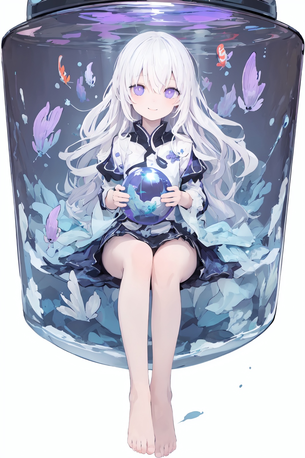 [(Transparent background:1.5)::5],(((masterpiece))),(((best quality))),(((extremely detailed))),illustration,1girl,solo,mysterious,vivid color,shiny,underwater transparent sealed hemispherical glass dome,(white hair),(purple eyes),full body,barefoot,long hair tranquil nature,koi,Underwater,Dome,close up,Dynamic actions,Lens perspective,(((Box composition))),sit cross-legged and lean against the bookshel,volumetric lighting,multi-color eyes,detailed eyes,hyper detailed,light smile,highly detailed,beautiful,small details,ultra detailed,best quality,intricate,4k,8k,trending on artstation,good anatomy,beautiful lighting,award-winning,
