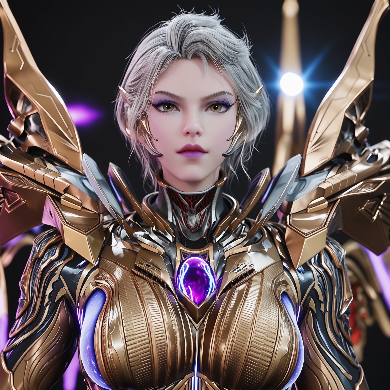 1girl,solo,<lora:YQponyjiuhuangnvV2:0.8>,short_hair,science_fiction,wings,mechanical_wings,score_9,lips,breasts,makeup,grey_hair,realistic,purple_lips,armor,white_hair,bodysuit,lipstick,glowing,grey_eyes,brown_eyes,blue_hair,robot,blue_eyes,eyeshadow,high_heels,claws,yellow_eyes,BREAK score_9,upper_body,portrait,shiny_skin,looking at viewer,cinematic lighting,volumetric lighting,solo focus,(huge breasts:0.9),(simple background,pure black background,black background:1.1),