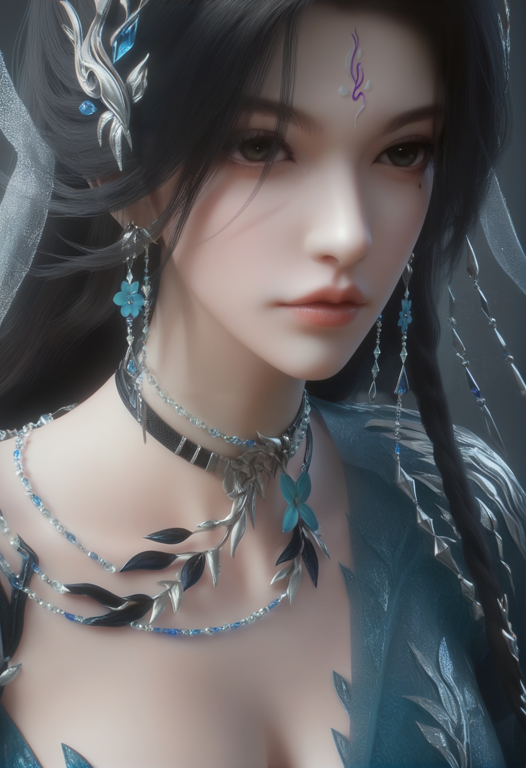 supermodel,score_8_up,score_7_up,hyperdetailed,hyperrealistic,volumetric lighting,focus on face,textured skin,eye lighting,SkinHairDetail,zPDXL,intricate and refined delicate details,unreal engine,very attractive,ultra high res,Expressiveh,realistic skin,score_9,score_8_up,score_9,score_8_up,1 girls,high cold face,yujie,perfect round large,breasts,jewelry,beautiful eyes,detailed eyes,breast,<lora:曦和岚月门:0.8>,black hair,choker,dress,earrings,expressionless,eye focus,facial mark,forehead mark,gloves,hair ornament,necklace,upper body,xihe,