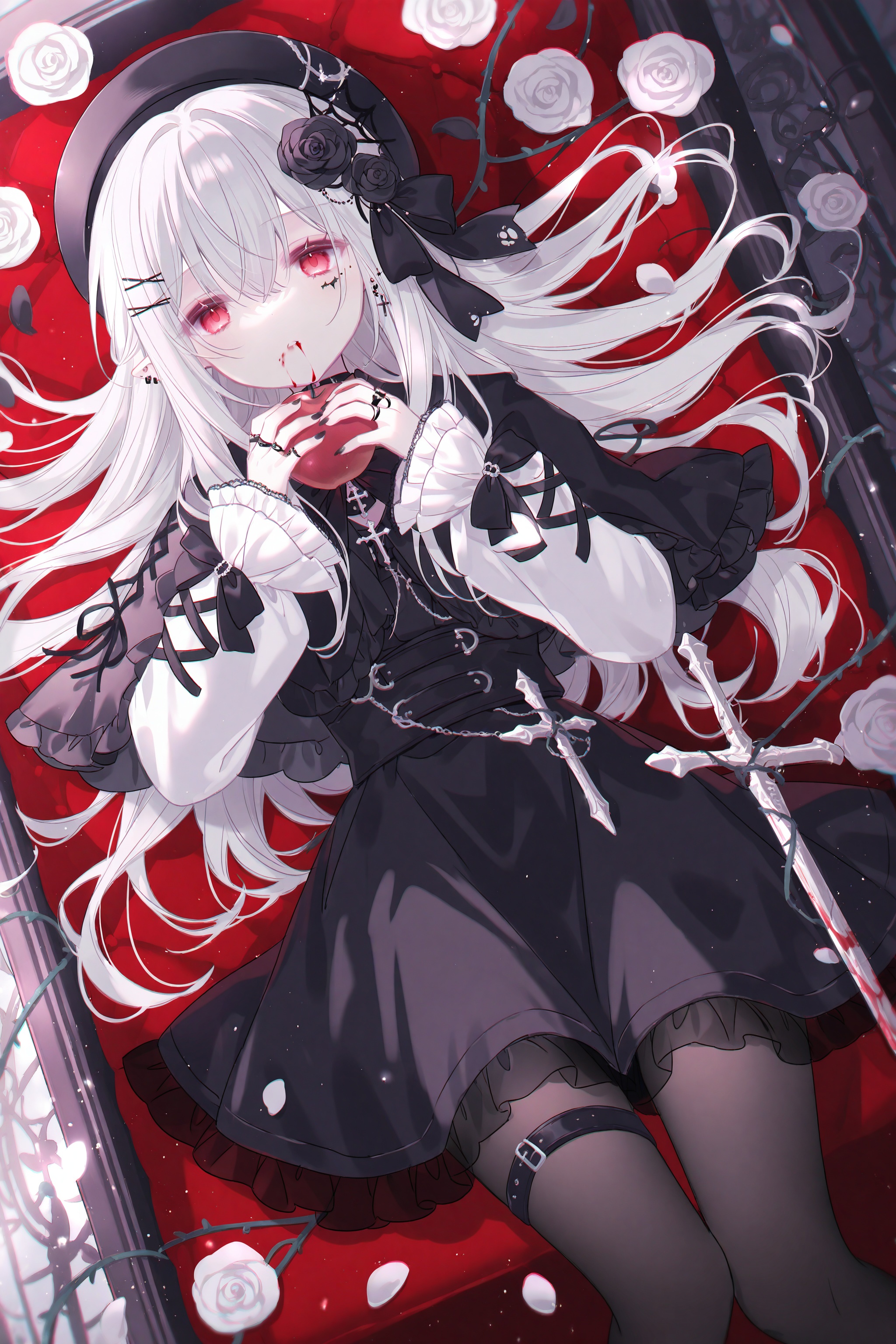 1girl,flower,rose,hair ornament,food,solo,apple,fruit,white flower,white rose,holding fruit,hair flower,long hair,hat,jewelry,ring,red eyes,white hair,thigh strap,long sleeves,holding food,multiple rings,black headwear,looking at viewer,frills,black nails,ribbon,black rose,black dress,skirt,earrings,black ribbon,holding,cross,pantyhose,frilled sleeves,black flower,hairclip,beret,thigh belt,dress,lolita fashion,shirt,black pantyhose,black skirt,sitting,nail polish,blood,sleeve bow,choker,thighhighs,knife,cross-laced sleeves,goth fashion,layered sleeves,ear piercing,frilled skirt,hair between eyes,cross earrings,hair ribbon,belt,weapon,collar,lace trim,black choker,gothic lolita,cross hair ornament,dagger,jirai kei,frilled dress,black bow,eating,cross print,red apple,black thighhighs,bow earrings,pink rose,bow,leg belt,grey hair,chromatic aberration,chair,piercing,mole under eye,wrist bow,cross-laced clothes,facial mark,black capelet,black shirt,miniskirt,couch,hands up,parted lips,hat flower,on couch,pink flower,buckle,x hair ornament,lying,puffy long sleeves,open mouth,lace-trimmed sleeves,red rose,feet out of frame,black collar,black belt,frilled capelet,lace-trimmed skirt,white sleeves,mole,capelet,petals,red flower,very long hair,blurry,blood from mouth,white shirt,puffy sleeves,lace,sword,facial tattoo,pointy ears,blood bag,blood on face,falling petals,hair intakes,coffin,picture frame,sidelocks,crossed bangs,wrist ribbon,belt buckle,latin cross,light particles,crescent,white collar,eyelashes,tattoo,cross-laced dress,<lora:lp22New:0.9>,
