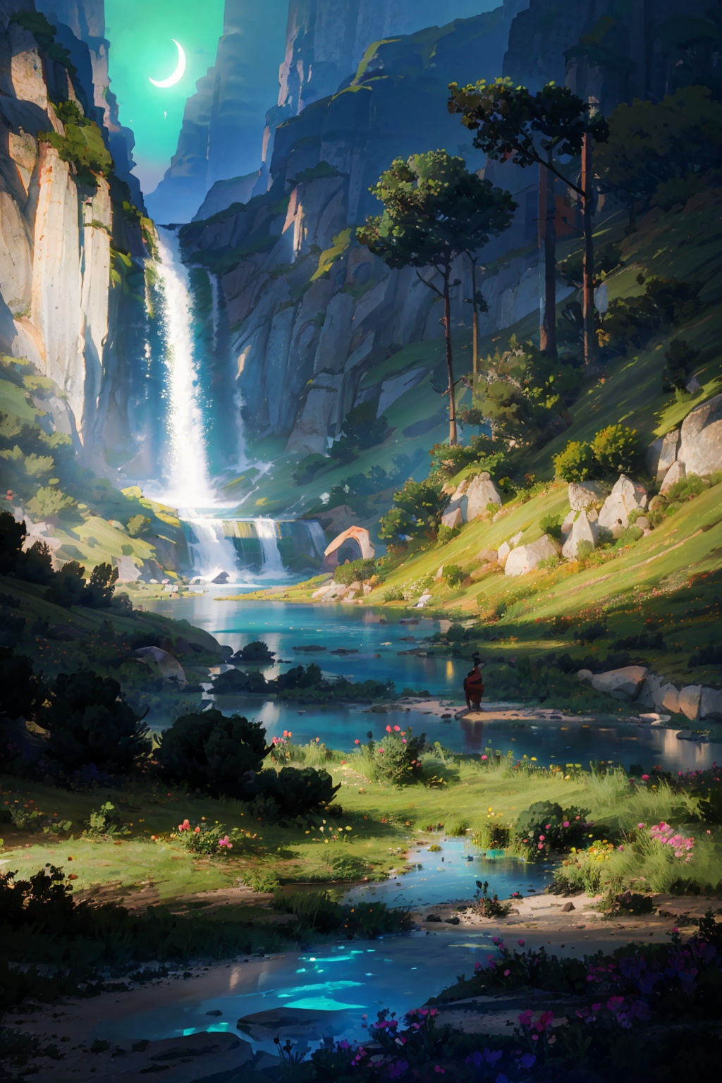 (masterpiece, top quality, best quality, official art, beautiful and aesthetic:1.2),mushtown,sunshine,building,glowing,Tables,chairs,tents,Background\((full moon,lake,waterfall,forest):1.5\),masterpiece,best quality,unreal engine 5 rendering,movie light,movie lens,movie special effects,detailed details,HDR,UHD,8K,CG wallpaper,<lora:yuanhua这应该是原画场景画风Lora:1>,
