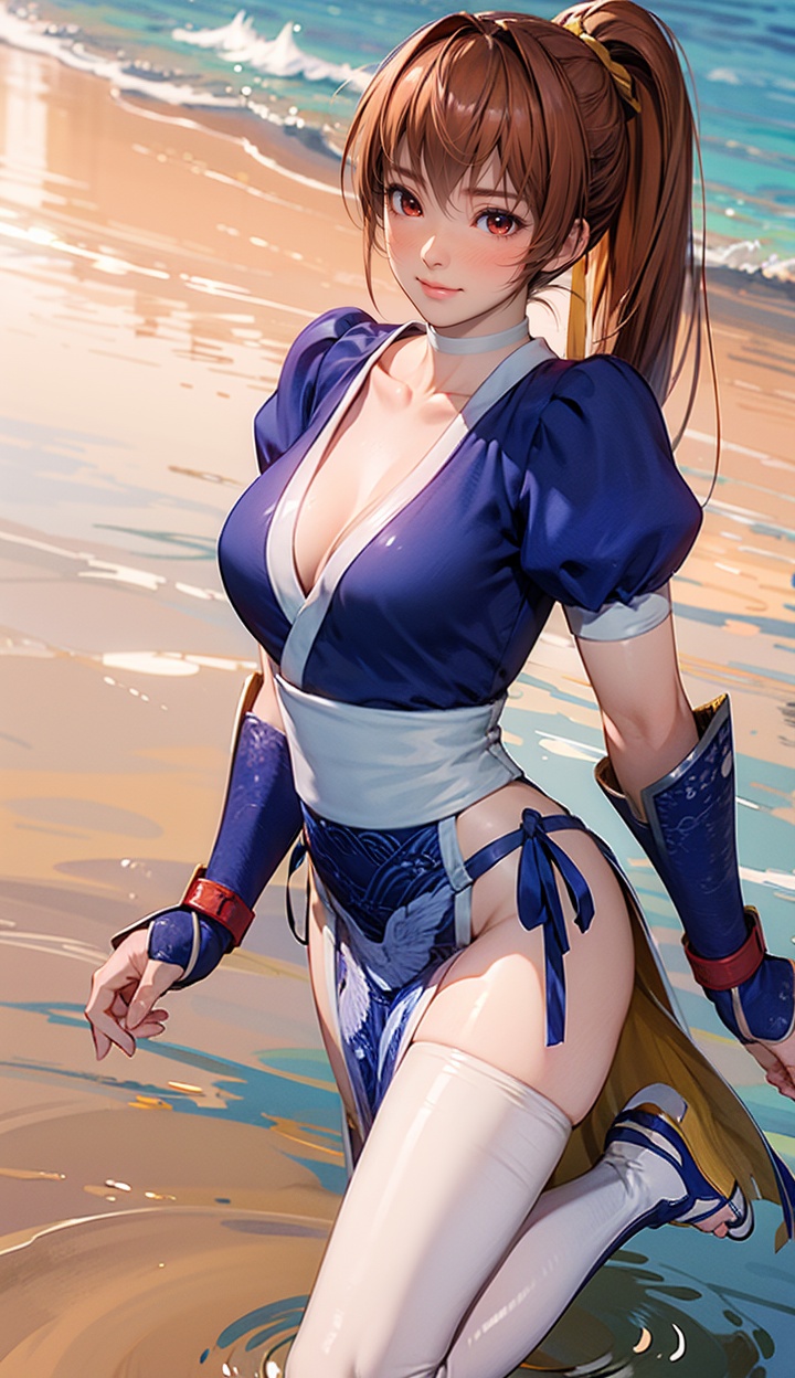 kasumi,1girl,solo,medium breasts,closed mouth,Best quality,masterpiece,ultra high res,high quality,8k,wallpaper,fine lineart,highly detailed,absurdres,<lora:kasumisuit4r-000005:0.8>,pelvic curtain,arm guards,shin guards,<lora:add_detail:0.3>,(water:1.1),(wading:1.1),from above,looking at viewer,(blush:1.2),(standing on one leg:1.1),