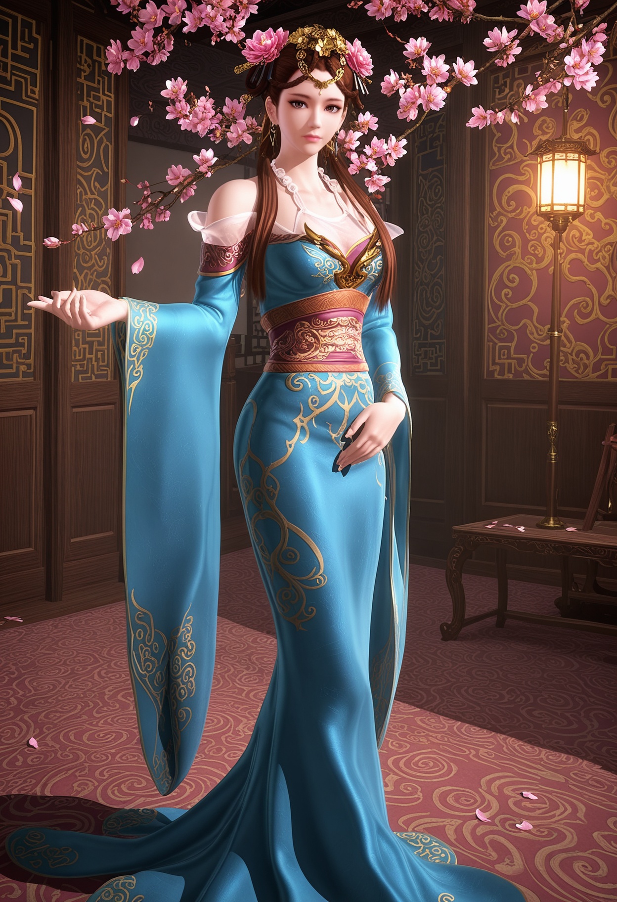 (full_body:1.2),(looking at viewer:1.1),masterpiece,(best quality),smog,Dark room,dim lighting,peach blossom,falling petals,<lora:YQ_Illustrious光辉v5_涟衣_V1:0.8>,q1528437228,1girl,solo,brown hair,hair ornament,jewelry,long hair,hair flower,earrings,brown eyes,dress,chinese clothes,braid,necklace,hair rings,sash,twintails,