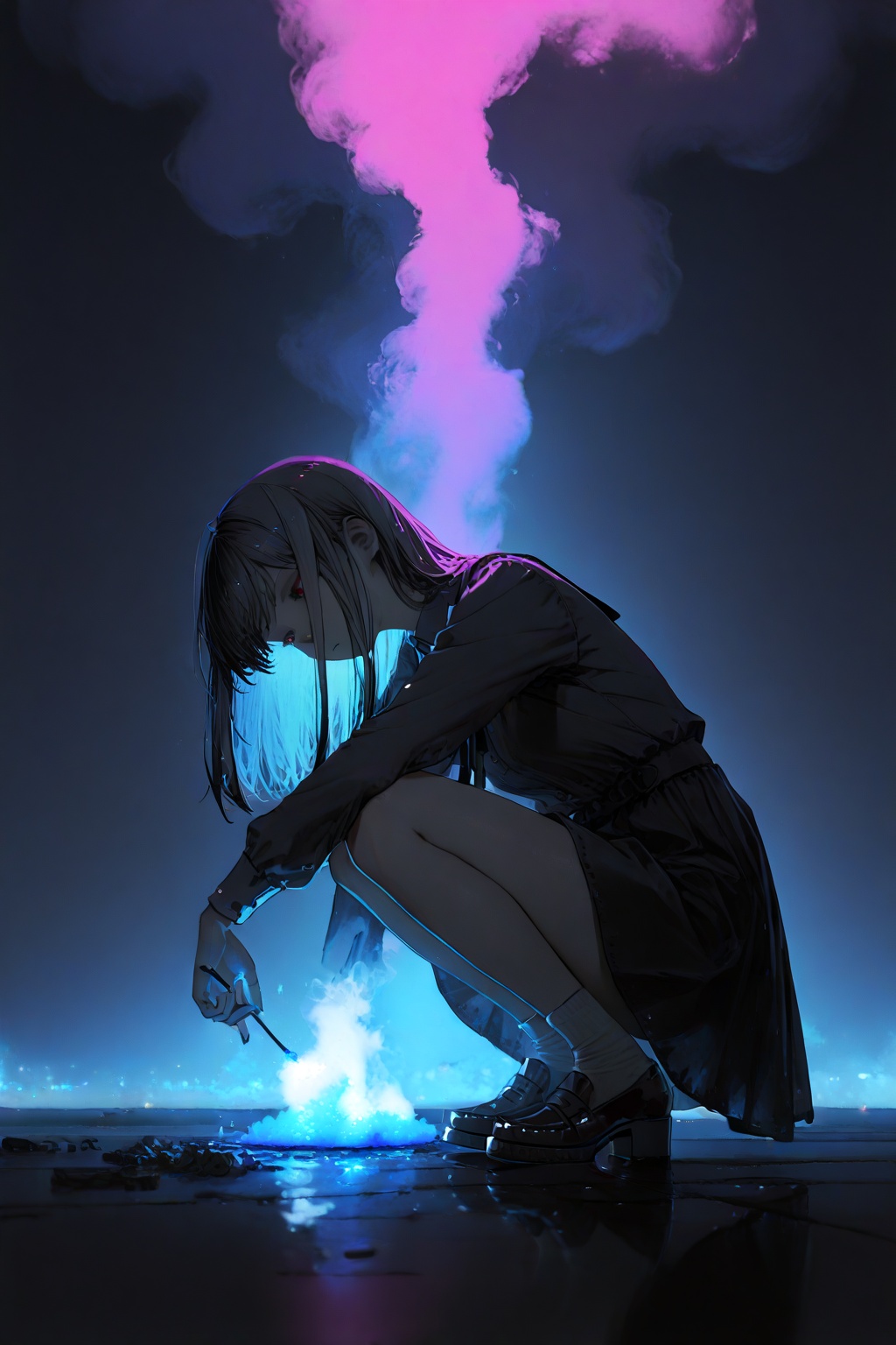 (soejima shigenori:0.5),(zombie ke:0.5),(95---:0.5),(dino_(dinoartforame):0.5),(yoneyama mai:0.5),masterpiece, newest,absurdres,incredibly absurdres, best quality, amazing quality, very aesthetic, 1girl, squatting, pink hue, blue theme, smoke,